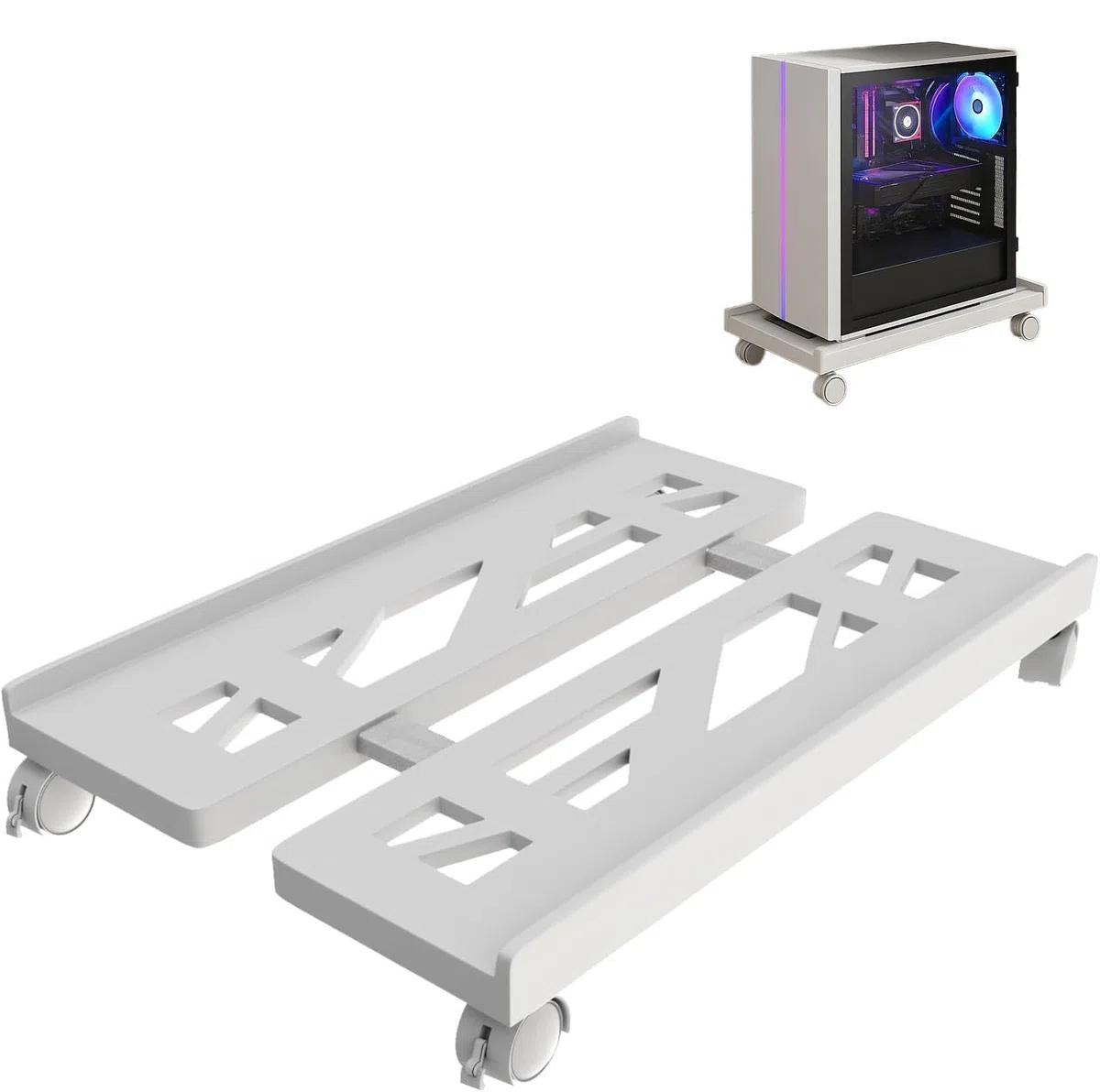 Pc Stand, Mobile Cpu Stand, Supporto Universale Regolabile, Computer Desktop Stand con 4 Ruote, per Gamer, Casa, Ufficio Bianco