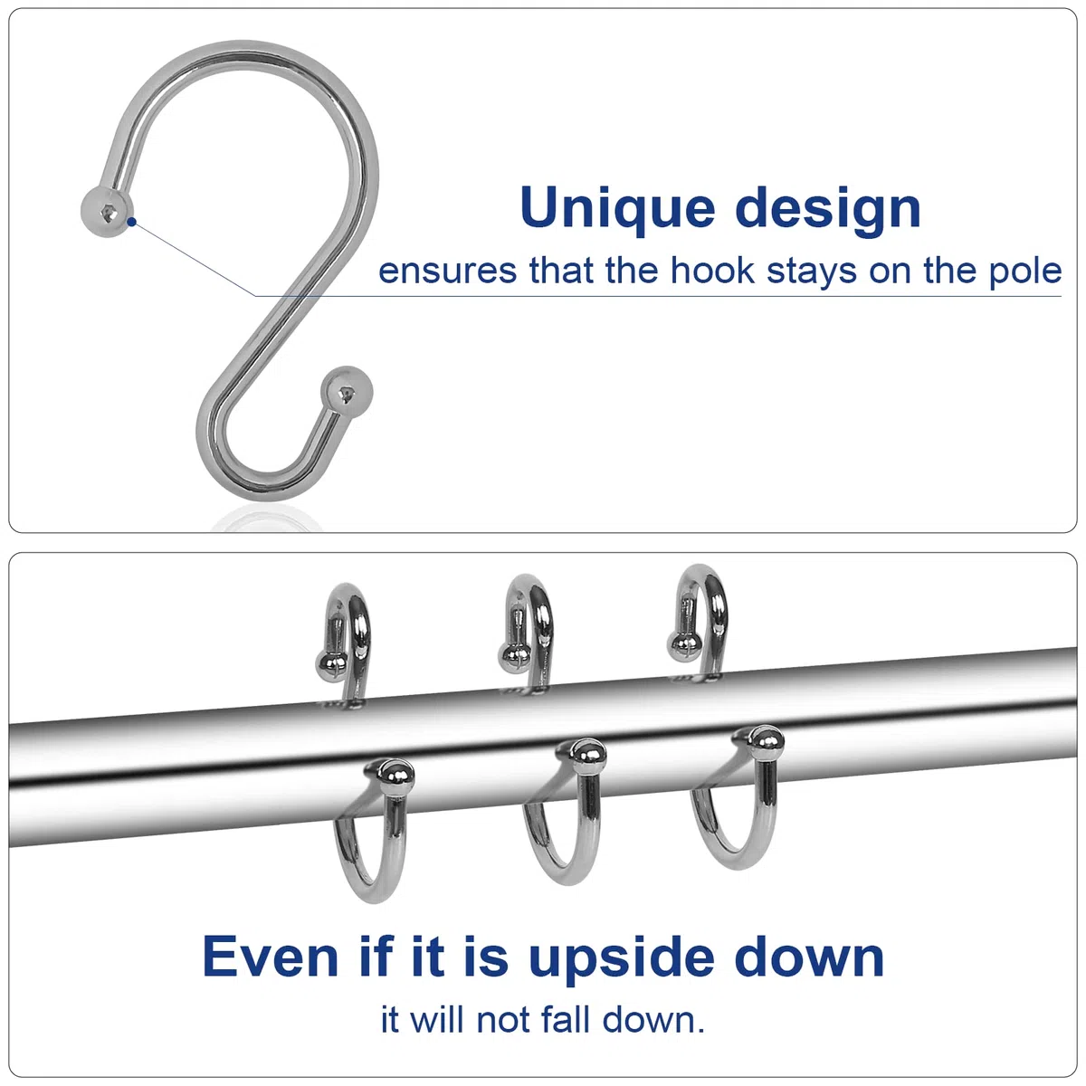 Metal Shower Curtain Hooks, Set of 12, Rust Proof Shower Curtain Hooks Rings, Durable S Shaped Hooks Hangers for Shower Curtains, Kitchen Utensils, Clothes, Towels (Chrome)