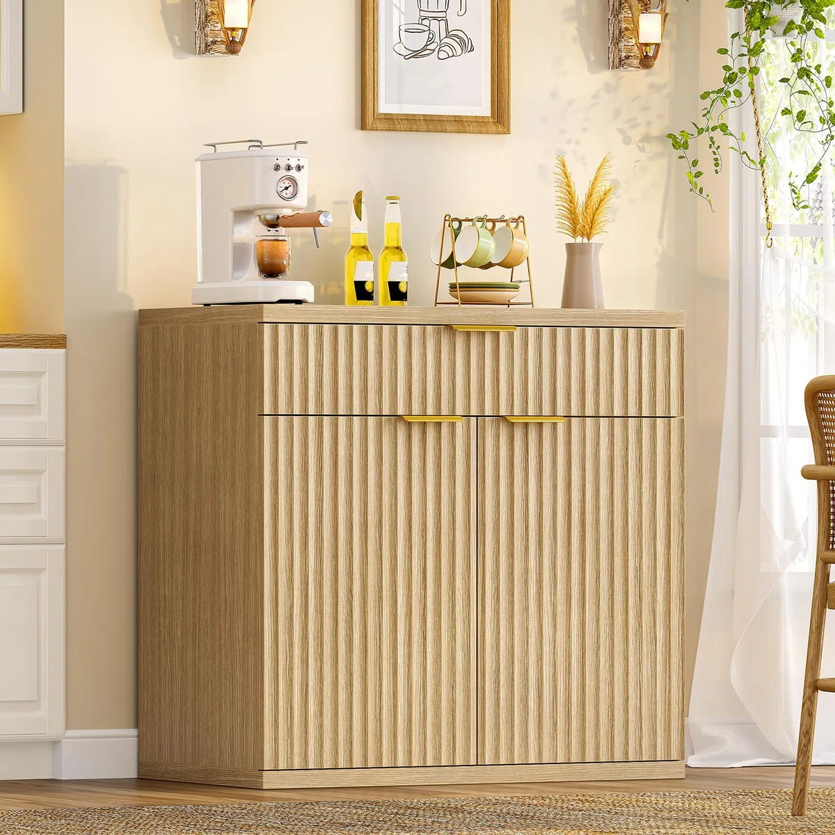 TEENFON Credenza Cucina Scanalata, Mobile con Cassetto e Ripiano Regolabile, Mobiletto Cucina in Legno Naturale con Maniglie Dorate, Credenza Soggiorno per cucina, soggiorno, ingresso-80x38x80cm