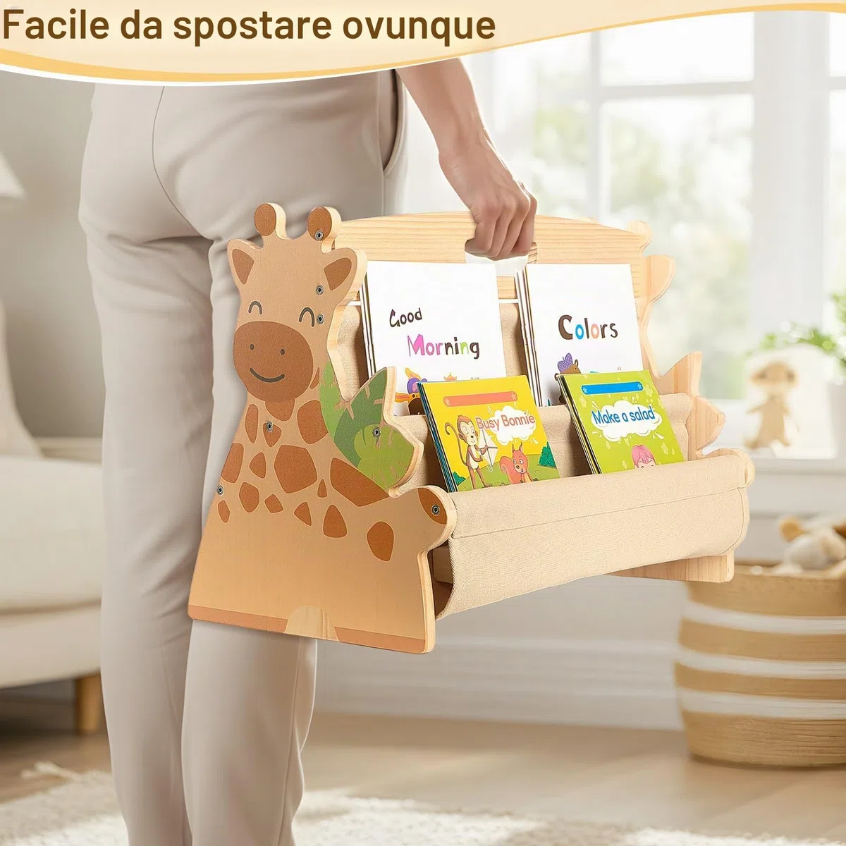 MHJY Libreria per Bambini in Legno - Scaffale Porta Libri Doppia Faccia con Tasche in Tela, Stile Montessori Portatile con Maniglia, Organizer Giochi per Cameretta, Asilo e Scuola Materna