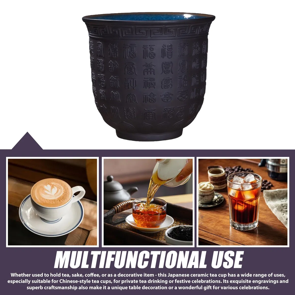 PORFOYO Set Di 4 Tazze Da Tè Giapponesi: Set Di Tazze Da Tè in Ceramica Smaltate a Mano Tazzas in Rilievo Testo Di Buona Fortuna Tazze Da Tè Senza Manici Asiatiche per Ufficio, Casa, Regali