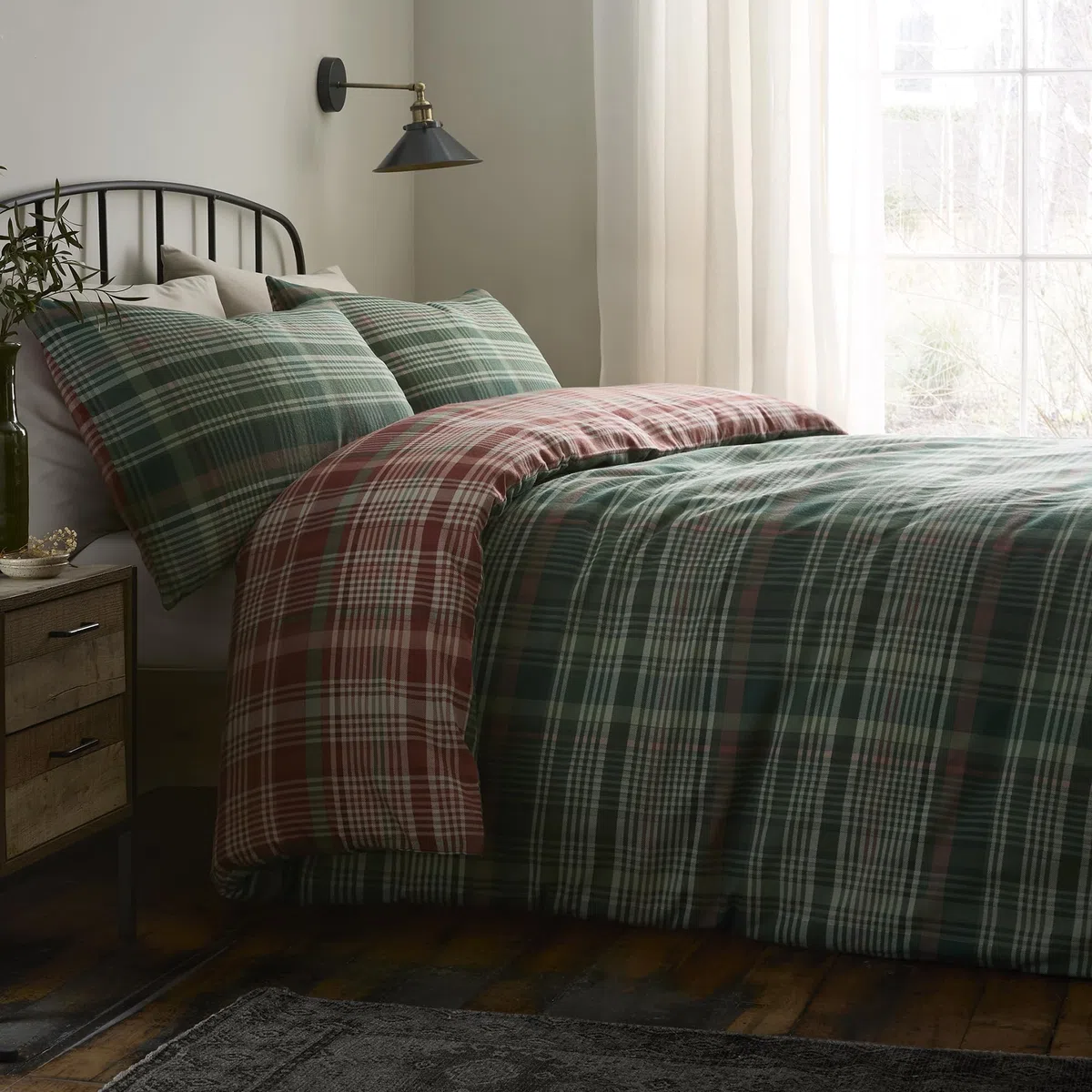 Dreams & Drapes Lodge Bennet - Set copripiumino a quadri, 100% cotone spazzolato, king size 230 x 220 cm, verde, motivo tradizionale a quadri, 2 federe