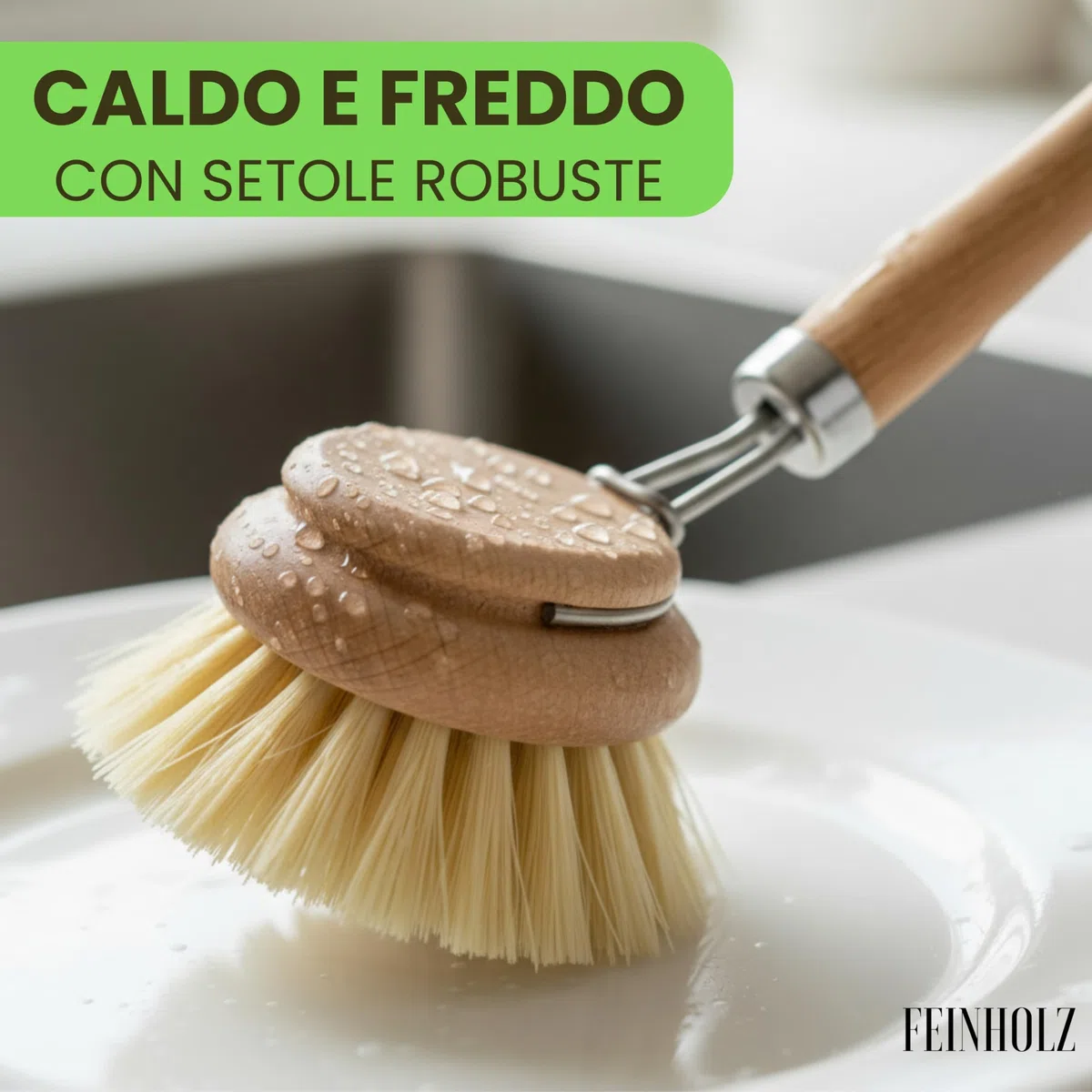 Spazzola Piatti Legno con 3 Testine di Ricambio (Set da 4) – Spazzola per Piatti Ecologica con Setole Naturali – Spazzola Cucina Biodegradabile