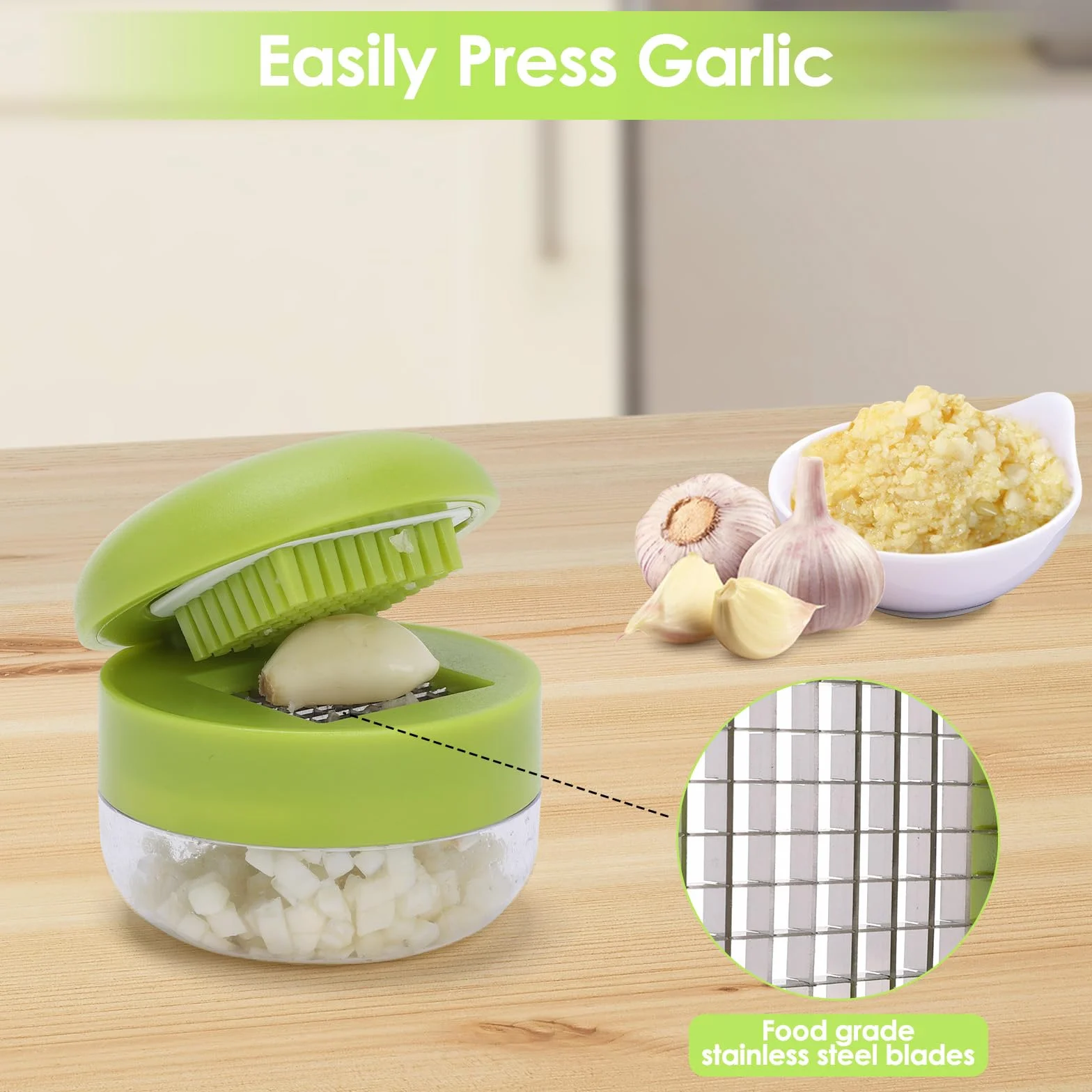 Trita Professsionale Spremiaglio e Sbuccia 2 Pezzi, Schiaccia Aglio in Acciaio Inox con Pelapatate e Pennello di Silicone, per Aglio, Zenzero e Frutta