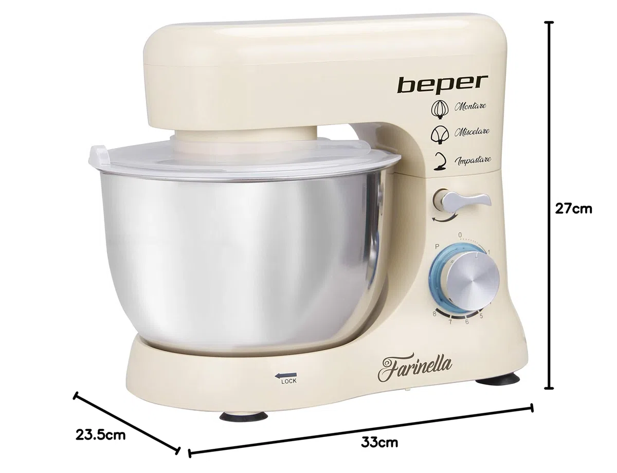 BEPER BP.200 Impastatrice Planetaria professionale 4,5L, Potenza 1000W, 8 Velocità e Funzione Pulse - Frusta, Paraschizzi e Gancio Inclusi, Bianco
