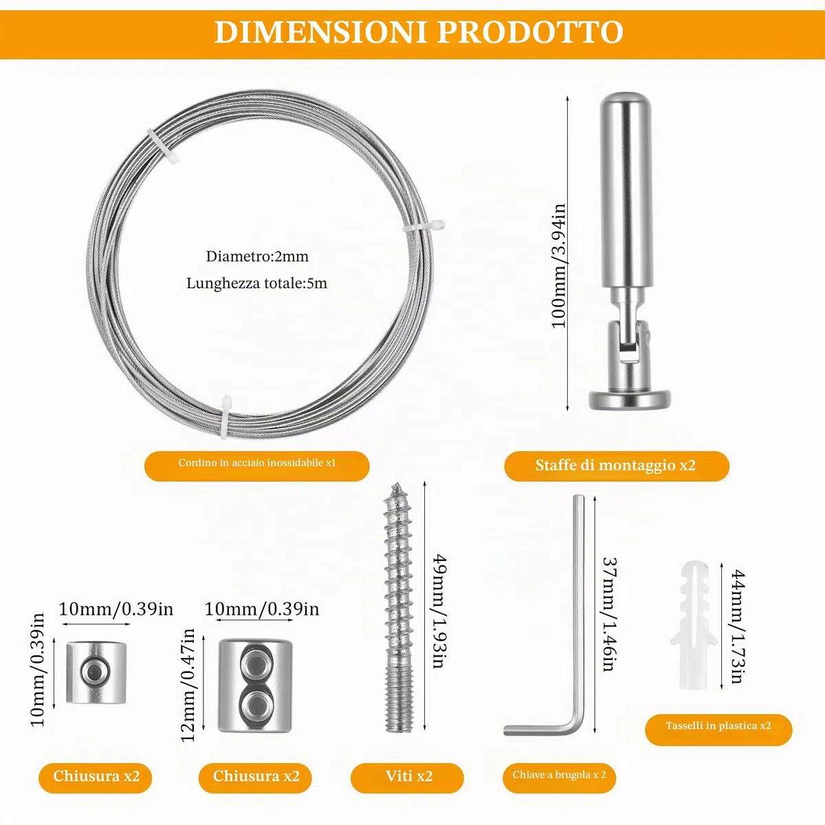 Cavo Acciaio per Tende, 5 Metri Filo in Acciaio Inox, Corda di Tensionamento, Cavo Stendibiancheria Metallico per Esterno Tenda Quadri Bucato