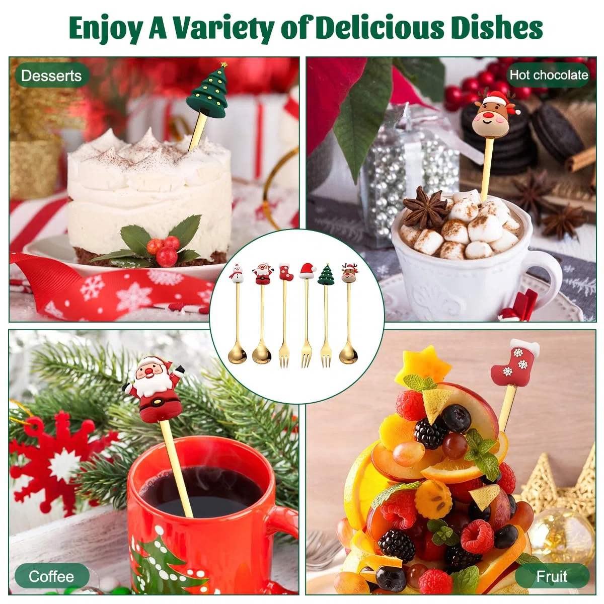Set Posate Natalizie in Acciaio Inox da 6 Pz, Cucchiaio e Forchetta Natalizi, Cucchiaini da Tè e Caffè con Simpatica Decorazione 3D, Cucchiaino Natale per Dessert Regalo per Festa Compleanno