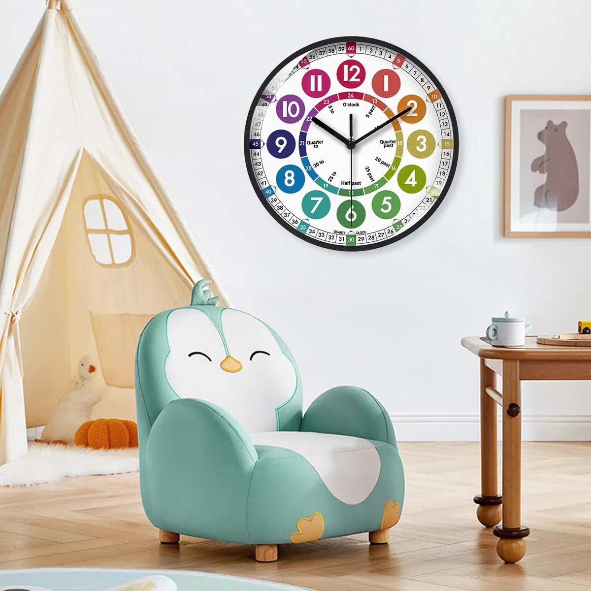 Orologio da parete per bambini di apprendimento silenzioso orologio da parete bambino educativo grandi numeri colorati facile da leggere per scuola classe camera da letto bambini, 10 pollici