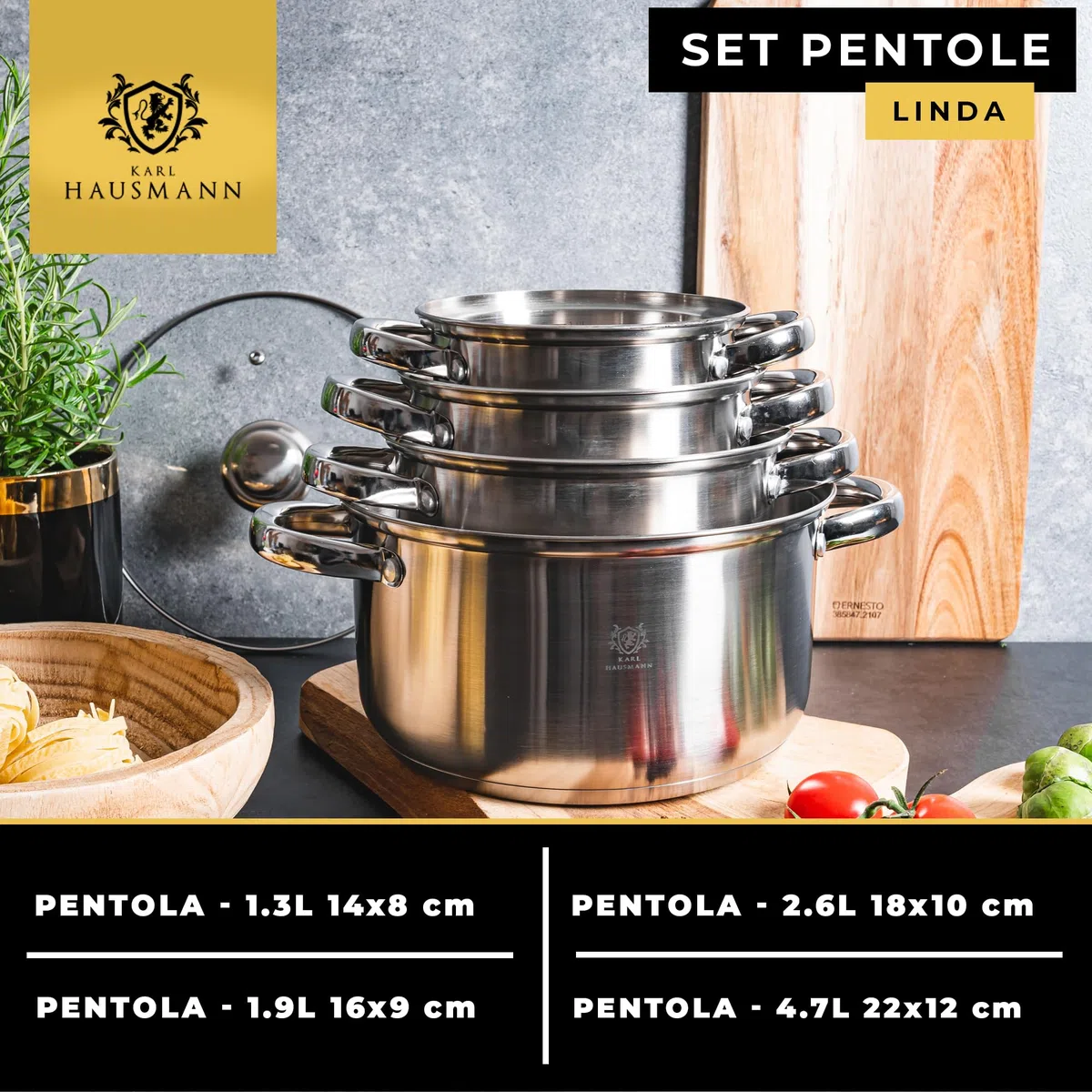 KARL HAUSMANN Set di Pentole Induzione - 4 Pezzi - Batteria di Pentole Acciaio Inox - Scala Interna - Pentola per Induzione, Gas, Elettrica e in Vetroceramica - Riscaldamento e Cottura Uniforme