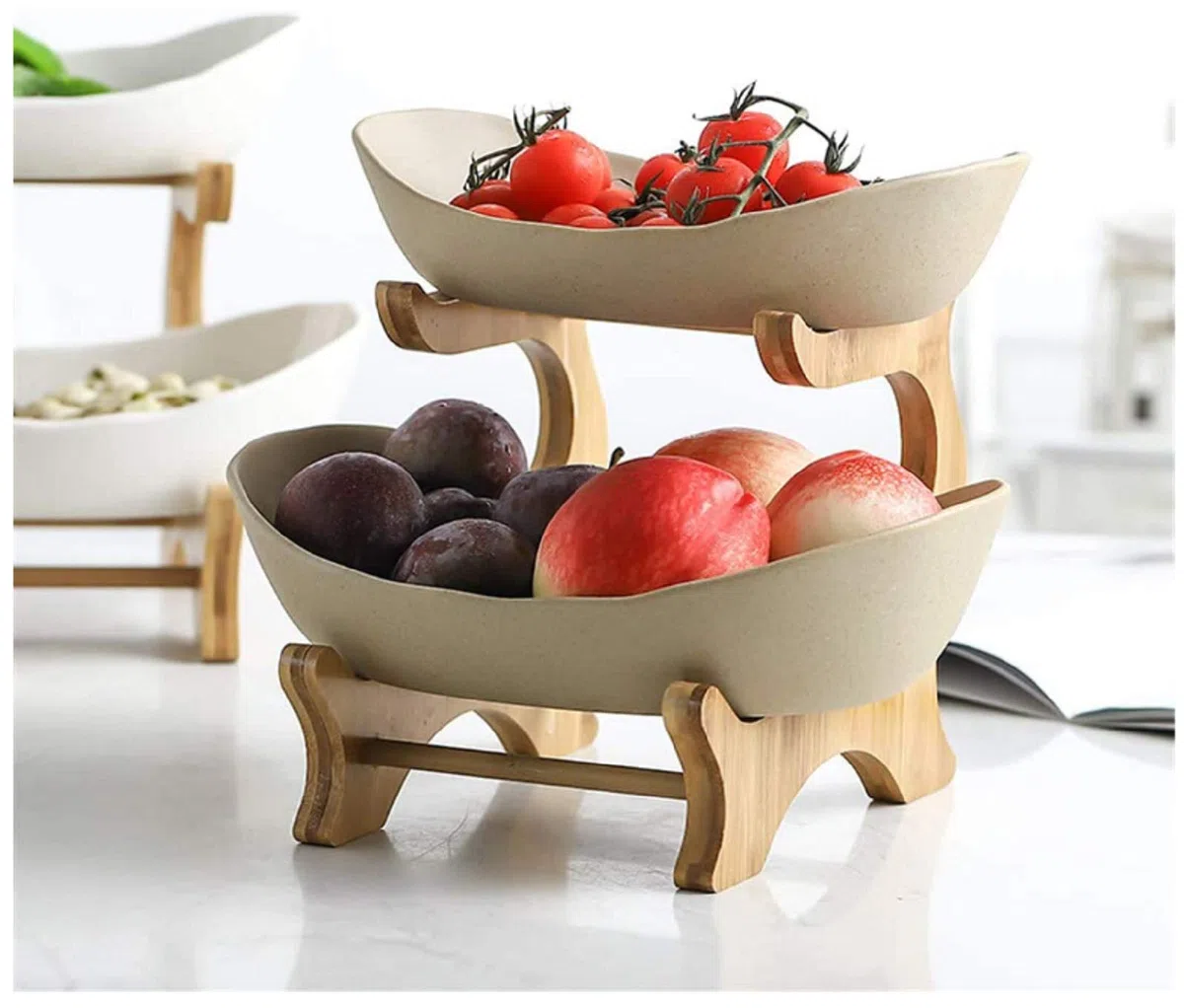 Portafrutta Alzatina A 2 Piani Porta Frutta Fruttiera Ceramica per Frutta, Verdura, Pane, Snack, Piatti di Frutta, Cesto di Frutta, Verdura, Dolci,Marrone