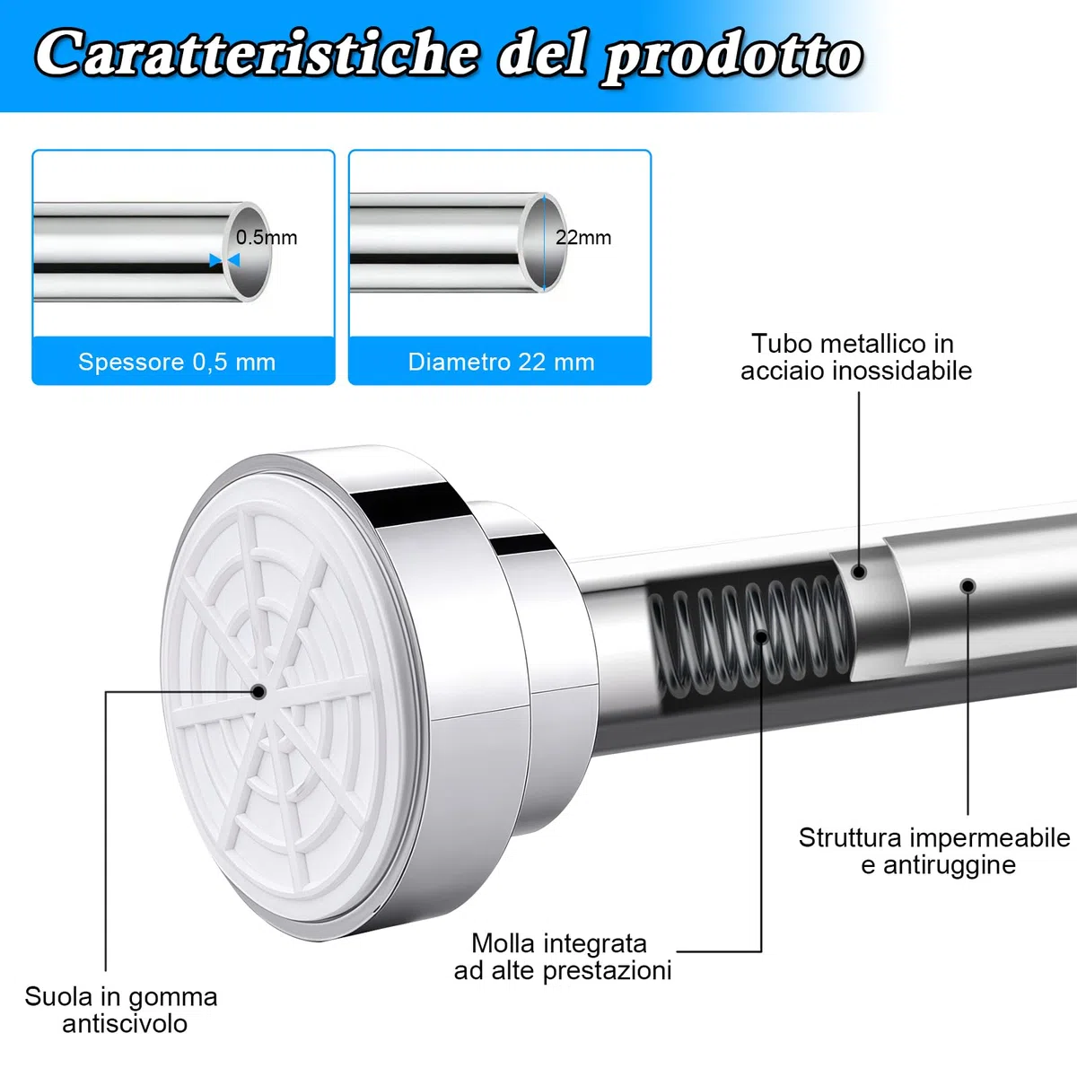 Bastone Telescopico Estensibile in Acciaio Inox, 66-200 cm, Bastoni Tende per Interni, Antiruggine e Antiscivolo, Senza Fori, Asta Doccia per Bagno, Guardaroba, Finestra
