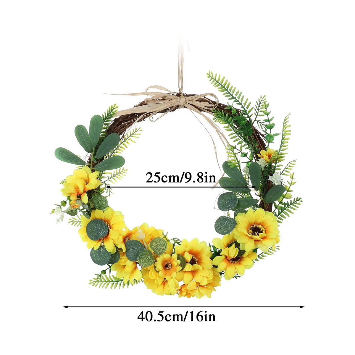 Corona di girasole artificiale da 17,7 pollici, corona floreale da appendere a porta anteriore, ghirlanda di fiori di seta gialla di simulazione, falsa primavera estate rattan Swag