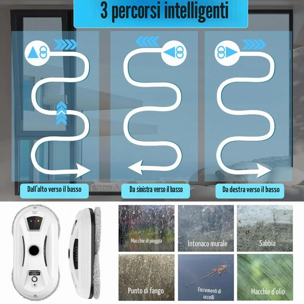 Robot Lavavetri, Lavavetri Elettrico per Finestre con Aspirazione da 5600 Pa, Pianificazione Intelligente del Percorso per la Pulizia Automatica, Tecnologia di Rilevamento dei Bordi per Finestre