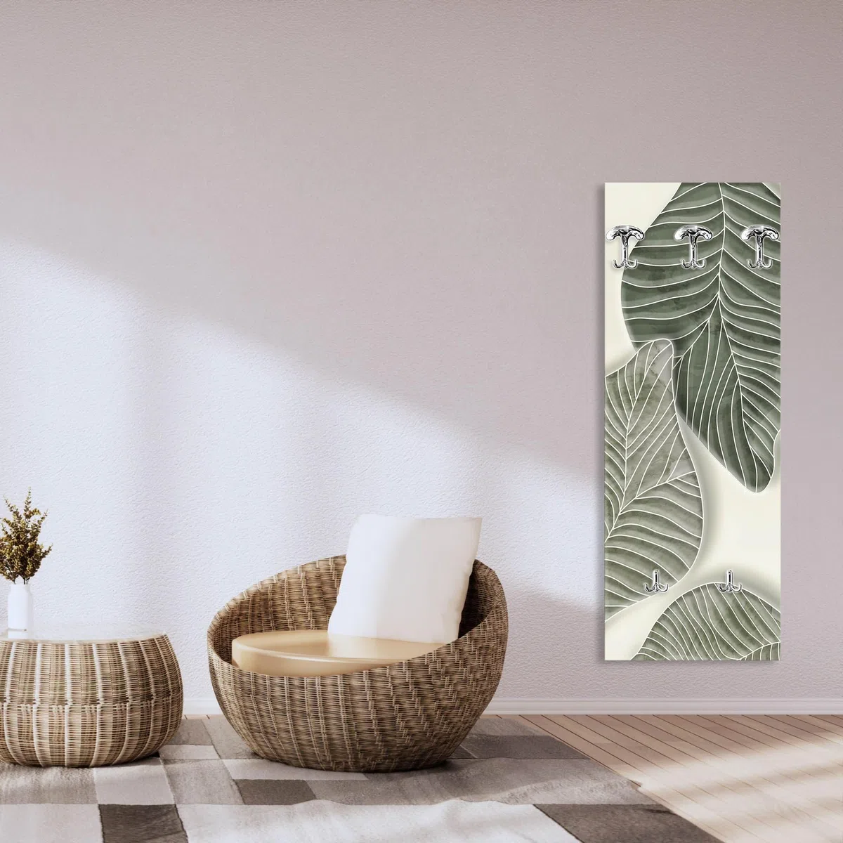 Lupia - Appendiabiti da Parete moderno con pannello in legno Stampato, FOGLIAME 46x125 cm, Design Naturalistico, 5 Ganci in metallo, Stampa HD, ingresso soggiorno camera da letto