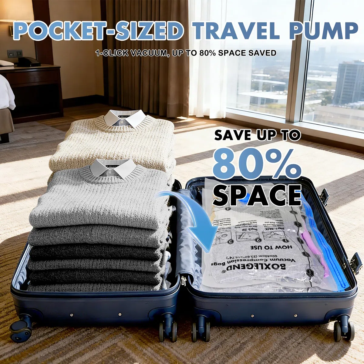 BoxLegend Sacchetti Sottovuoto Vestiti per Viaggi con Pompa Elettrica-6 Pezzi 2S + 2XS + 2XXXS Buste Sottovuoto Sacchetti Salvaspazio Aspirapolvere Viaggi Deposito Domestico per Copertine, Cuscini