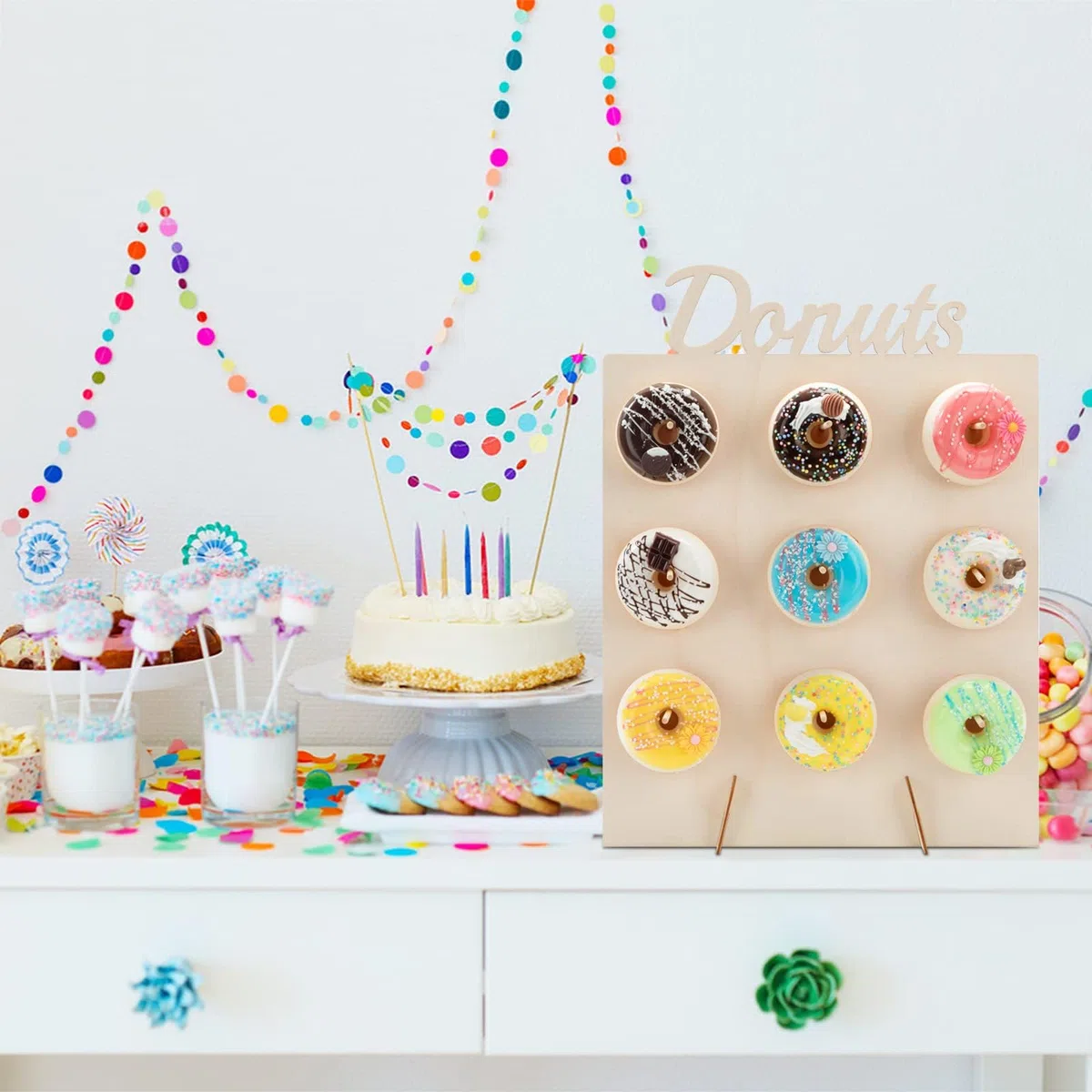 Espositore per Ciambelle in Legno 2 pcs Elegante Donut Display per Dolci e Ciambelle Porta Donuts per Matrimoni Compleanni Feste Decorazioni per Pasticceria (vuoto fuori)