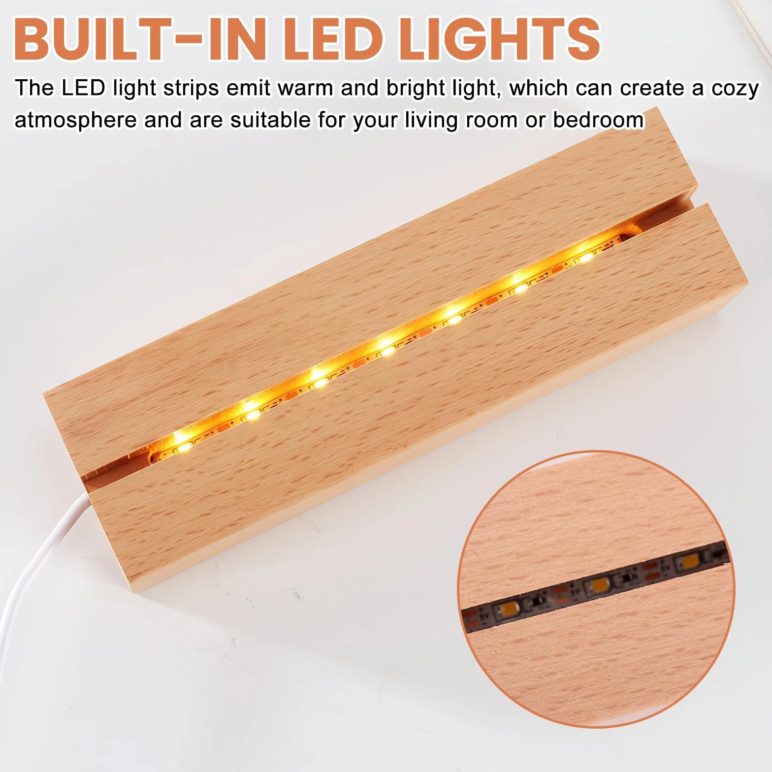 4 pezzi base LED in legno di faggio: base per display con striscia LED, supporto rettangolare per display luce calda 3 x 4,5 x 15 cm, per pannelli acrilici spessi fai da te, decorazione in