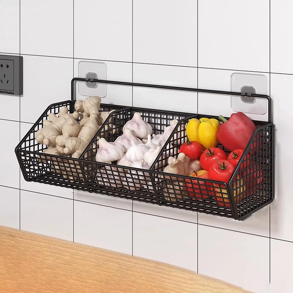 Portaverdure da cucina – Cesto portaoggetti da parete, contenitore a 3 livelli per patate, aglio, cipolle, organizer multiuso, cestino sospeso per verdure, soluzione