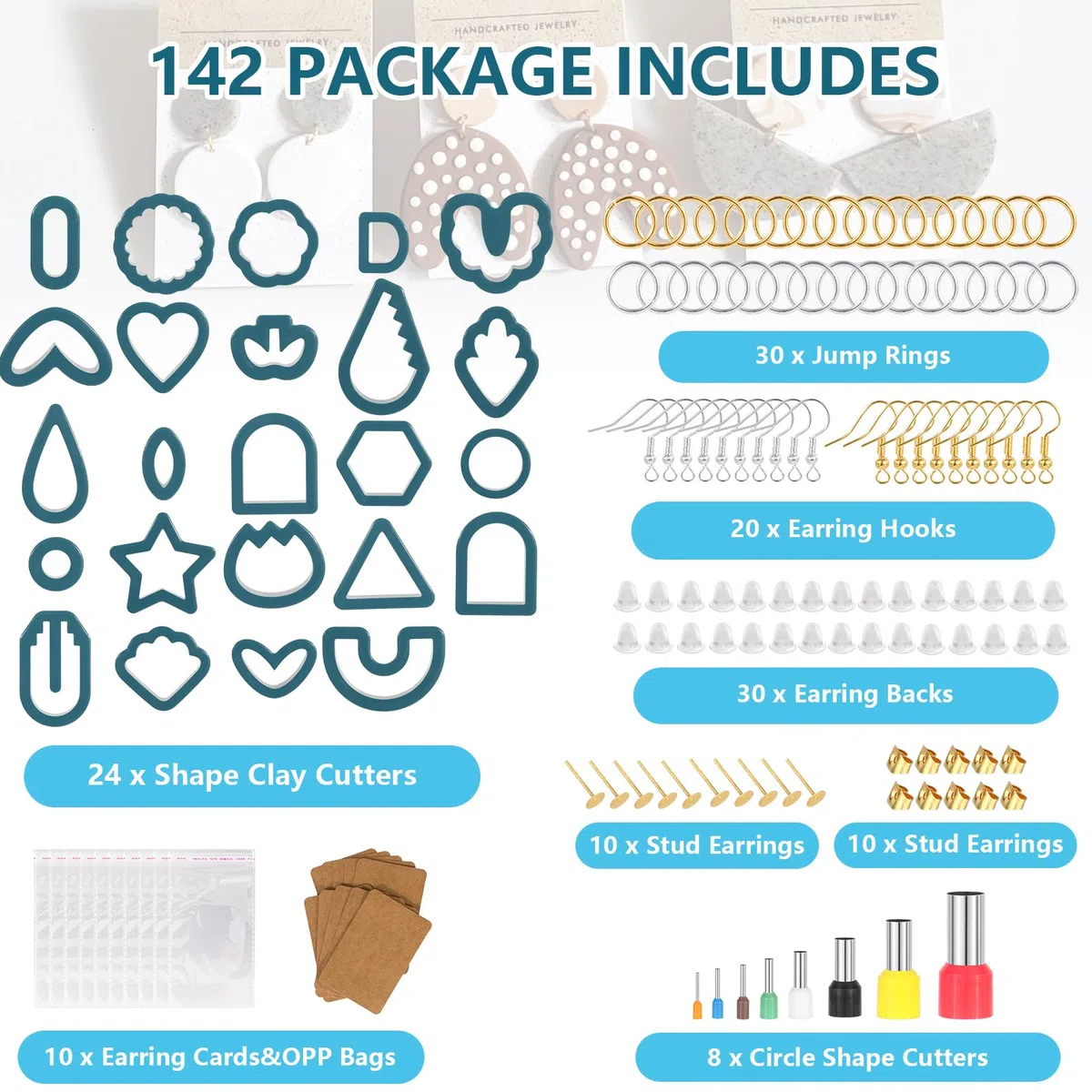 MWOOT Kit da 142 pezzi di stampi per argilla polimerica per orecchini, accessori per la creazione di gioielli, unisex, per adulti, blu, plastica, piccoli, moderni, non pieghevoli