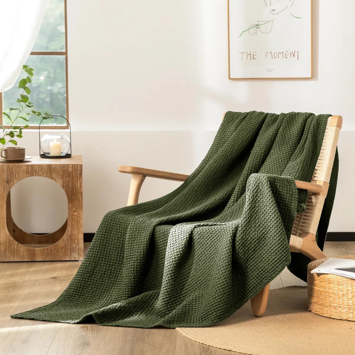 CHUFFED 100% Cotone Coperta 220 x 240 cm, Morbida e Traspirante Trapunta, Motivo a Gabbia Leggera come Coperta per Divano, Morbida e Soffice Coperta per il Soggiorno, Divano o Poltrona Verde Oliva