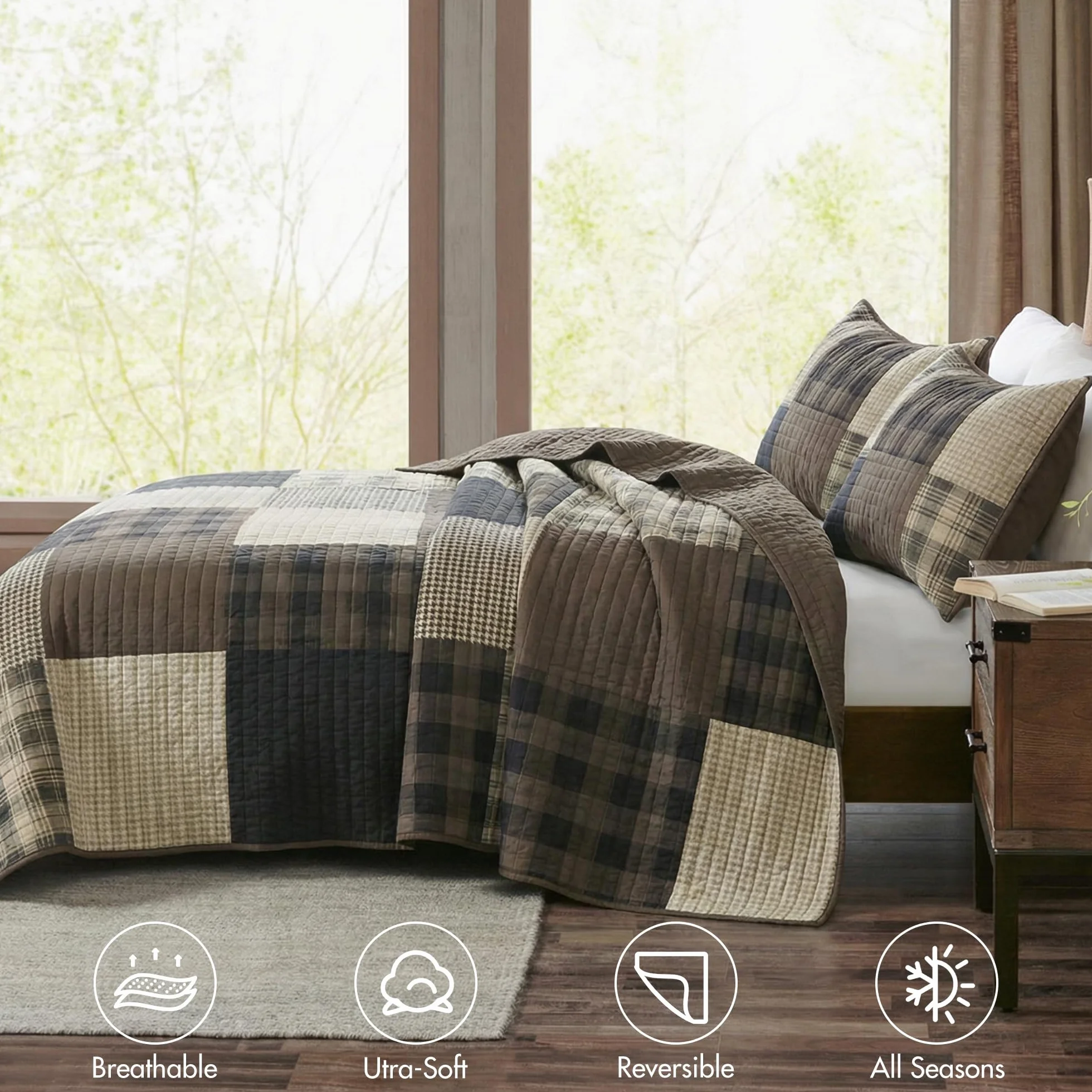 WOOLRICH Set trapunta Cottage Styling Reversed to Tinta Unita, Cotone, Plaid Tan, Oversize Cal King