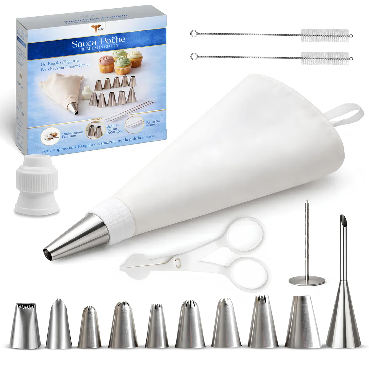 Sac à Poche Riutilizzabile Professionale in Cotone Extra Resistente Set con 10 Beccucci in Acciaio Inox 304 + 2 Spazzole Ideale per Torte e Cupcake