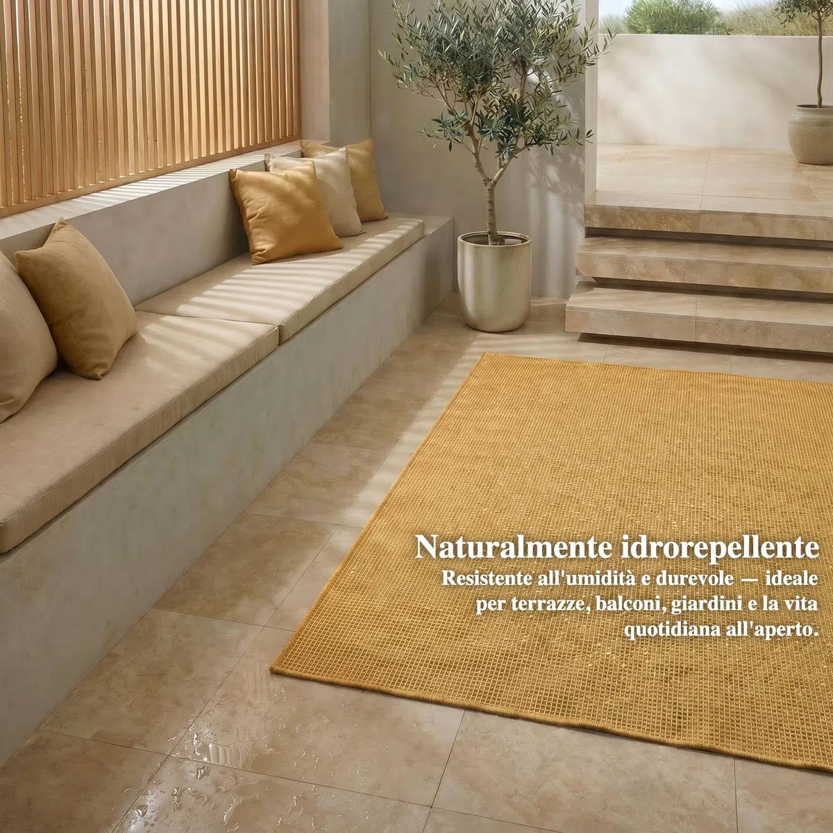 Jimri Tappeto per interni ed esterni, resistente alle intemperie, per balcone, terrazza, giardino, soggiorno, cucina, tappeto resistente ai raggi UV e all'acqua, misura: 80 x 150 cm, giallo