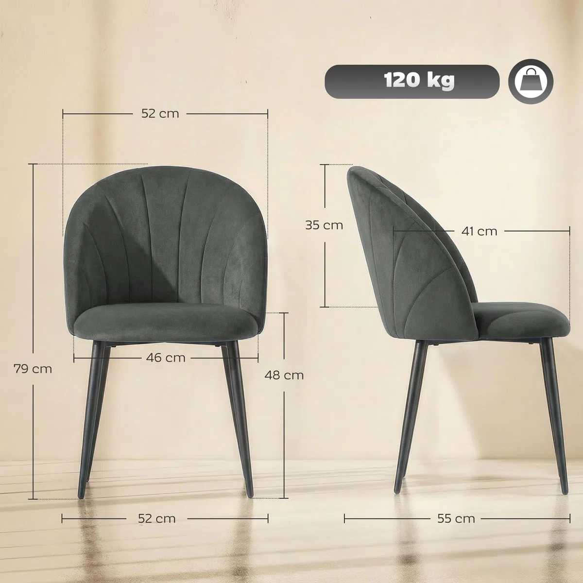 HOMCOM Set di 2 Sedie Sala da Pranzo in Velluto, Sedie Cucina con Schienale Curvo a Conchiglia, Gambe in Acciaio, Stile Nordico, Sedia Imbottita per Cucina, Camera da Letto, Soggiorno, Grigio