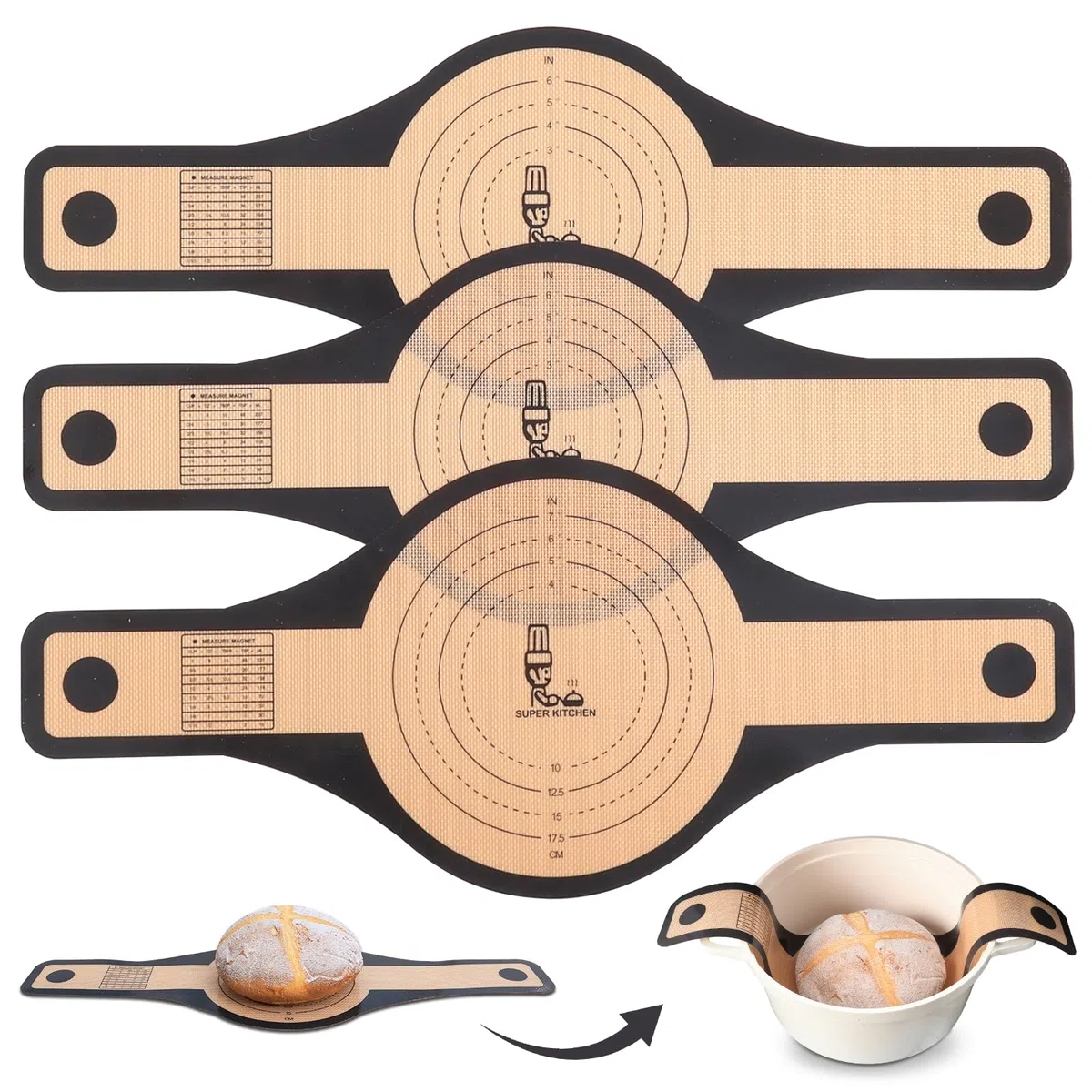 SUPER KITCHEN 3 Pezzi Tappetino in Silicone per Forno 2 Dimensioni 24cm 21cm per Forno Olandese con Manici Lunghi per Pasta Madre Biscotti Baking (Nero)