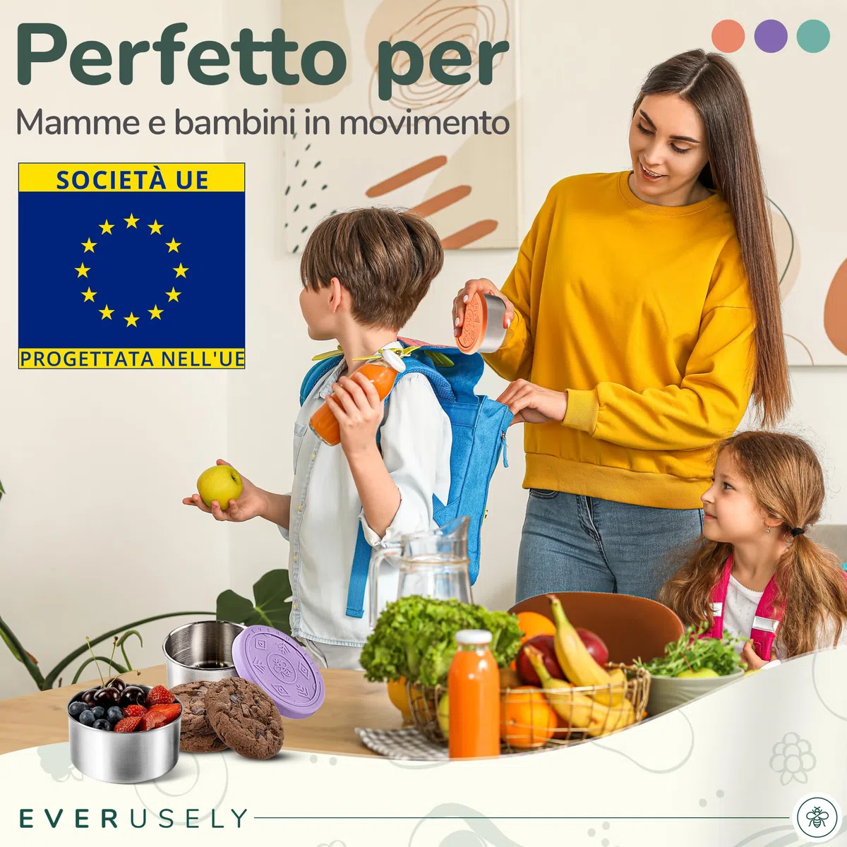 Everusely - Contenitori per Alimenti in Acciaio Inossidabile - Set da 3, Bright - Portapranzo in Metallo Contenitori per Snack per Ufficio, Conservazione a Casa - Coperchi Antifuga
