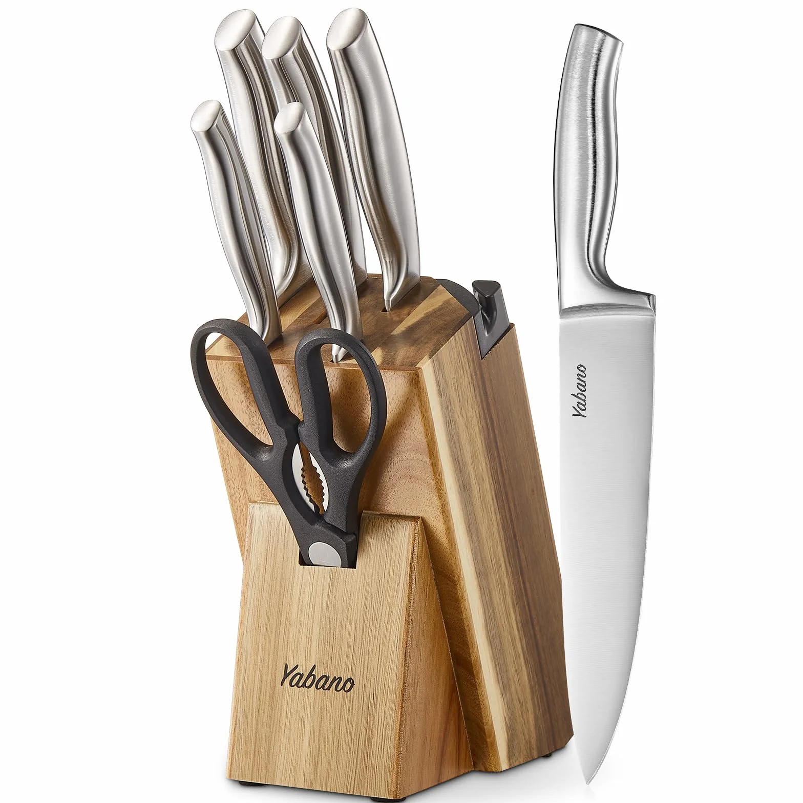 Set Coltelli da Cucina con Ceppo, 7 Pezzi in Acciaio Inox Tedesco con Affilatore Integrato, Coltelli Professionali con Forbici e Ceppo, Coltelli da Chef per Cucina Domestica