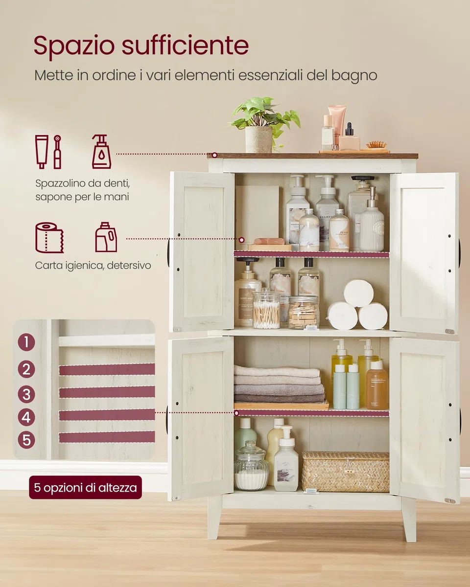 VASAGLE Collezione LIRY - Mobile da Bagno in Stile Farmhouse, Mobiletto con Ante in Stile Fienile, Credenza Cucina, Ripiani Regolabili, Sala da Pranzo Soggiorno, Bianco Vintage BBK773W01