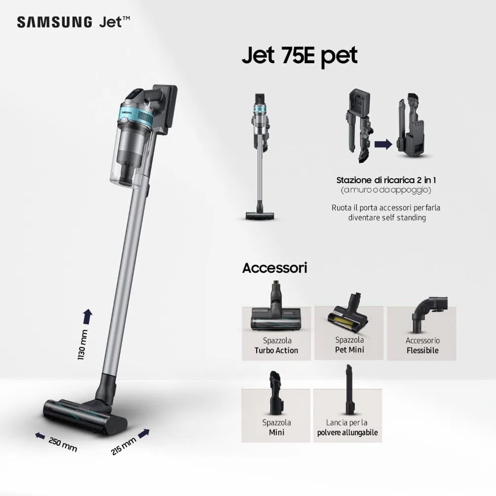 Samsung Scopa Elettrica VS20C852FTB/WA Jet 85 Premium, Potenza 210W, Aspirapolvere Senza Filo, Fino a 60 Min di Autonomia