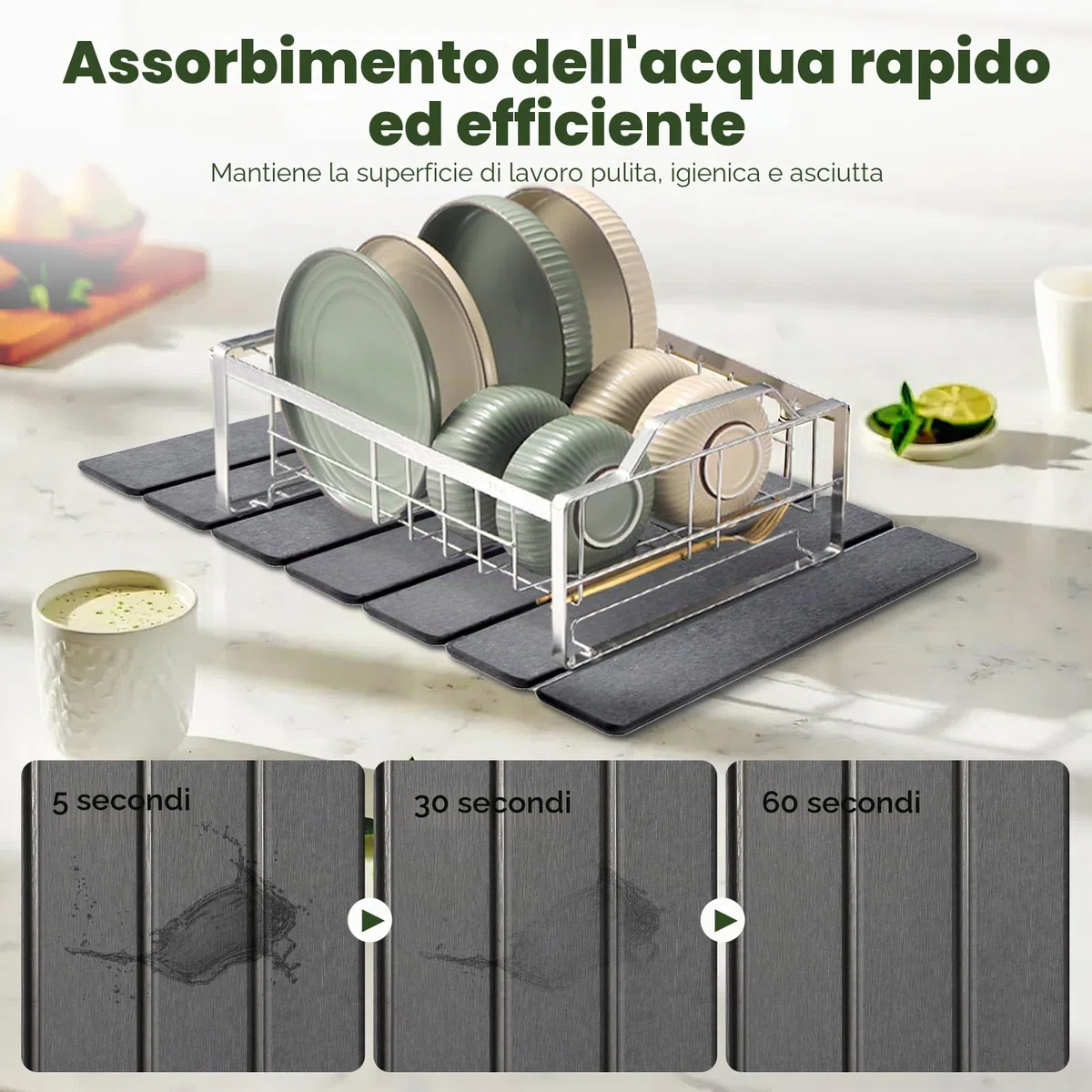 Scolapiatti, 40 x 30 cm, tappetino scolapiatti per stoviglie che assorbe l'acqua, ad asciugatura rapida, tappetino scolapiatti in terra di diatomea come tappetino scolapiatti per lavello da cucina