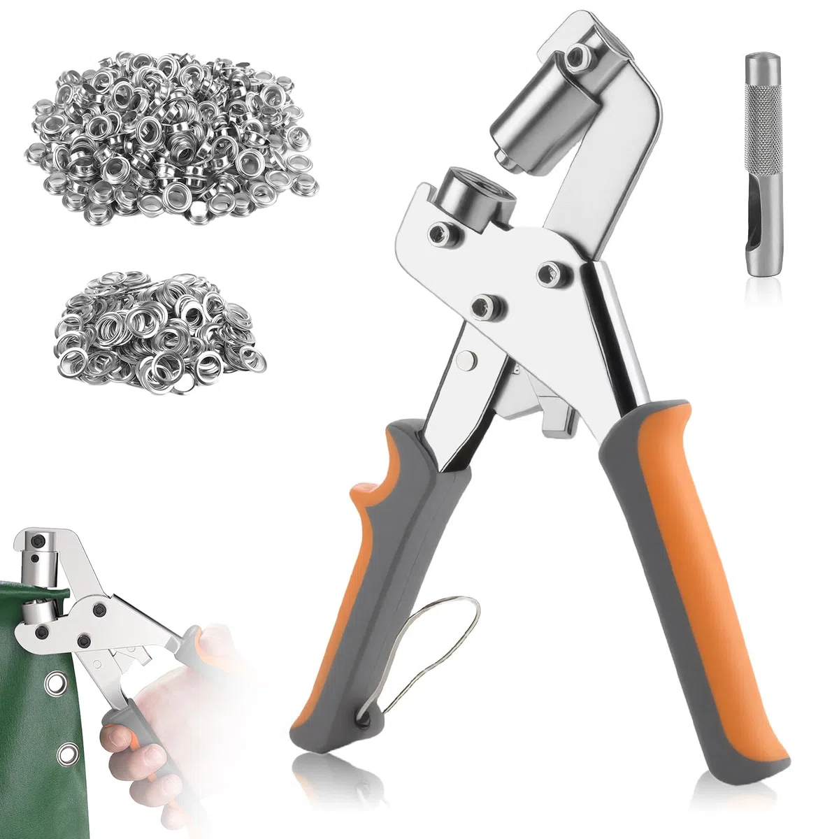 Pinza per occhielli per teloni e tessuti, 10 mm, con 200 occhielli in acciaio inox