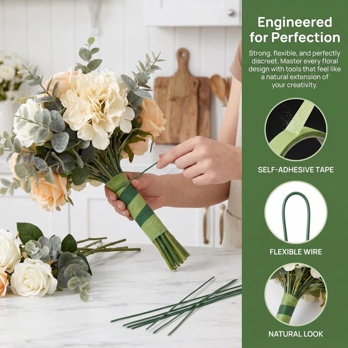 200 Pezzi Steli per Fiori Finti 30 cm, Filo di Ferro per Fioristi Verde con 2 Rotoli Nastro Floreale Adesivo, Filo Metallico Flessibile per Composizioni Floreali, Bouquet Sposa, Ghirlande e Fai da Te
