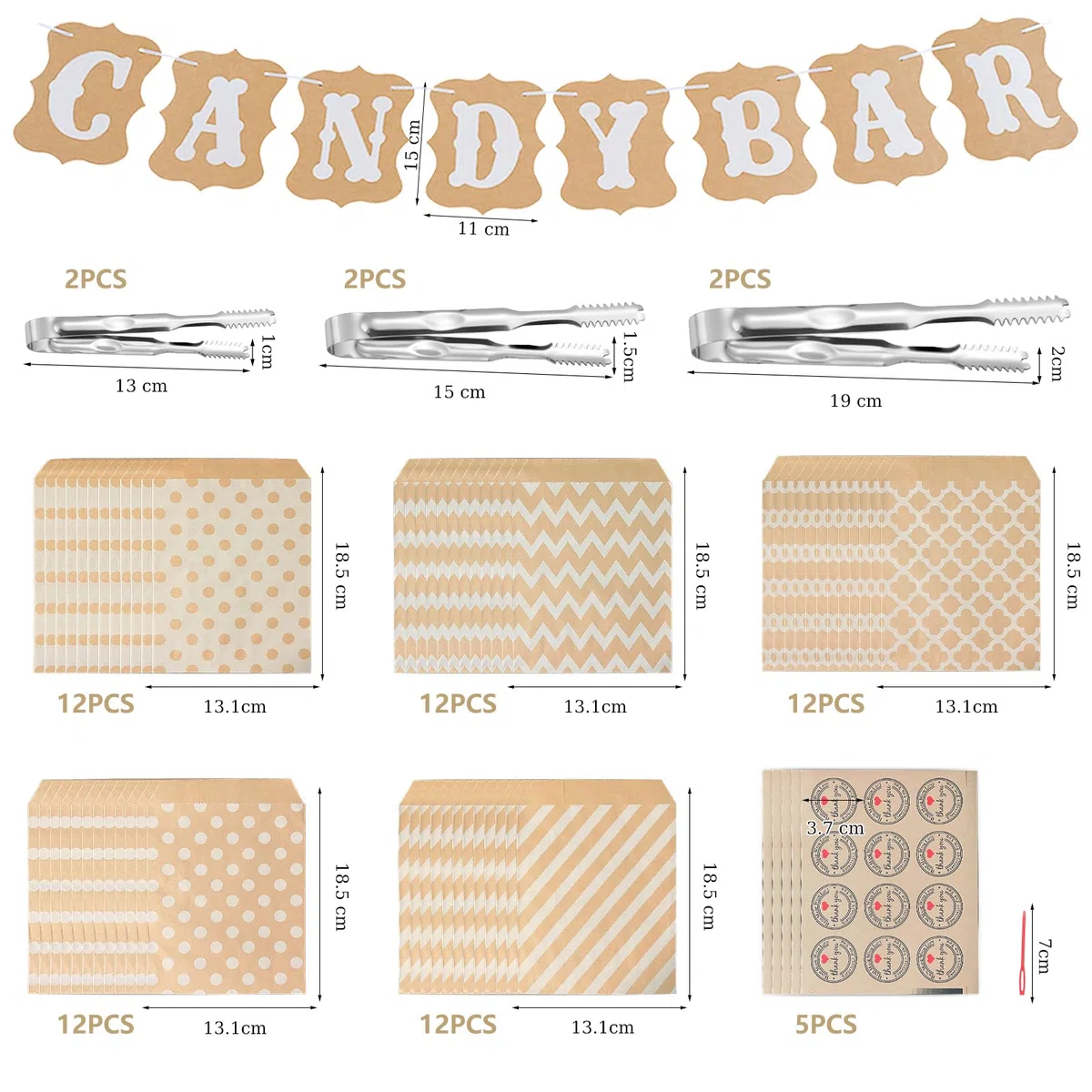 Candy Bar Accessori 72 pezzi, contiene 60 sacchetti Candy Bar e 6 pinze per zucchero, 5 adesivi e 1 ghirlanda decorativa Candy Bar, set di decorazioni per buffet, barbecue, caramelle, bar,