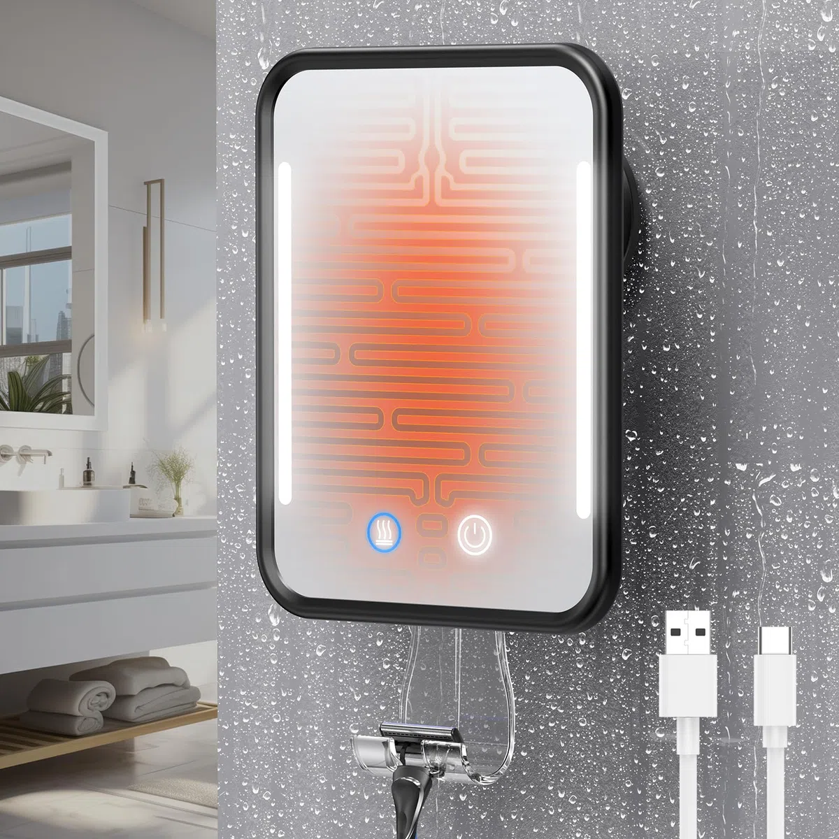 Gospire Specchio da doccia riscaldato, anti-appannamento, per rasatura con luce, batteria ricaricabile da 5000 mAh, ventosa rimovibile e supporto per rasoio da parete, senza foratura, rimovibile
