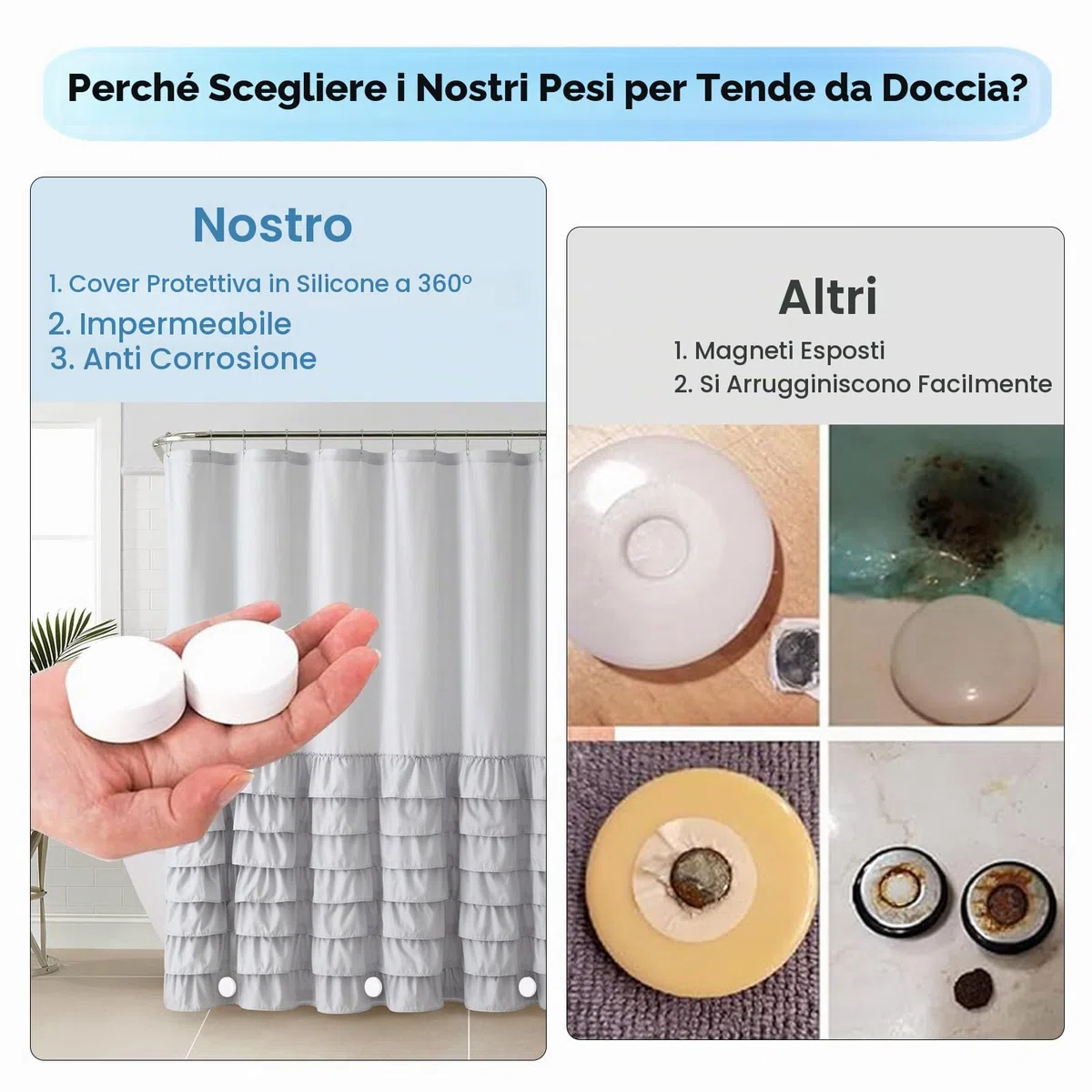 3 paia di pesi per tenda da doccia antiruggine, con magneti avvolti in silicone, Calamite Tende, Rotondo Magnetico Tenda Pesi, adatti per tende da doccia, tovaglie e tende