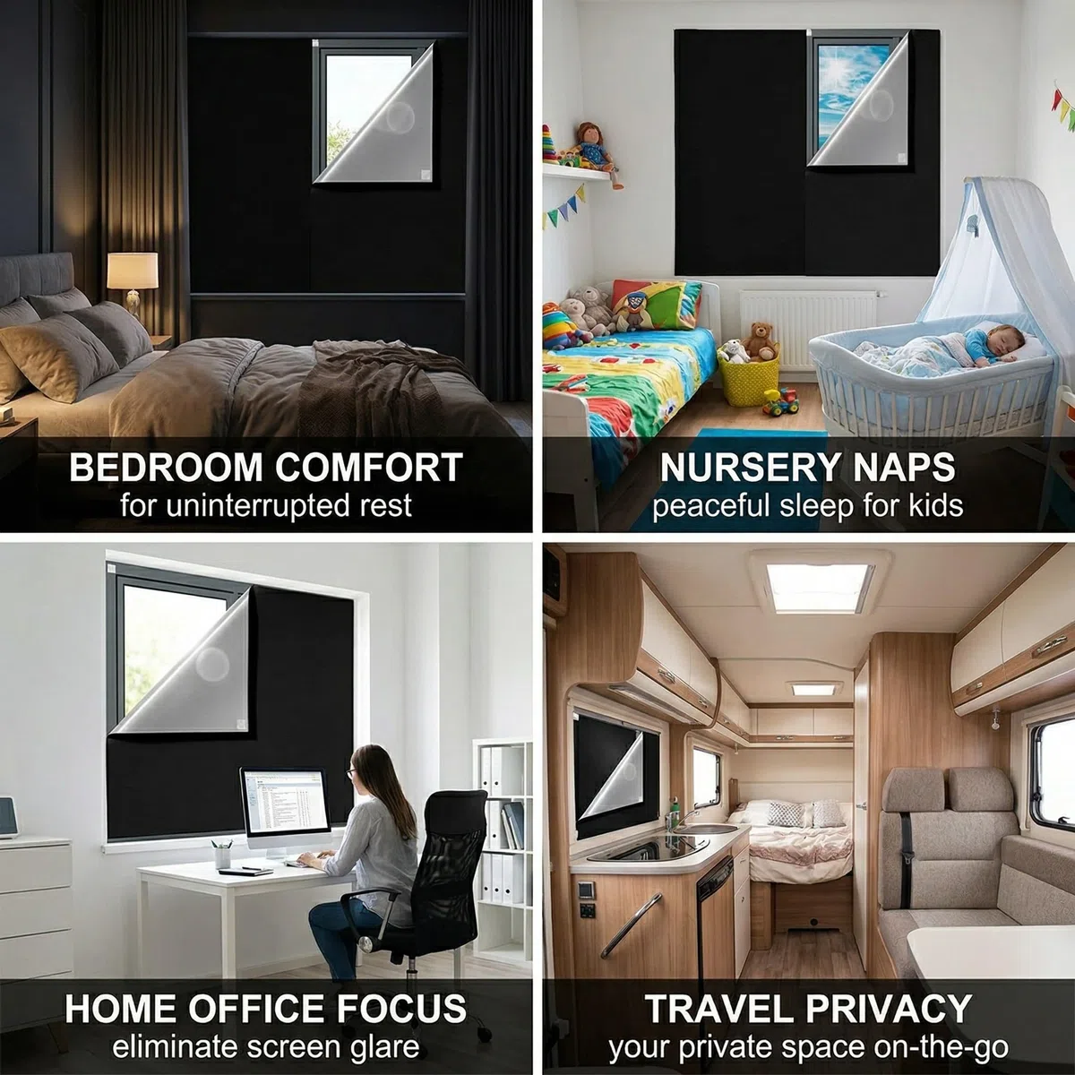 Tenda Oscurante per Finestre 100% Oscuramento, 145x100cm Tessuto Oscurante con Velcro e Adesivi, Oscurante Finestra da Interno Senza Forare per Camera da Letto, Ufficio e Viaggio, Nero e Argento