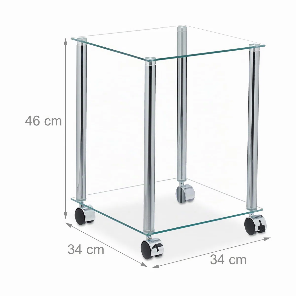 Relaxdays Tavolino con Ruote, 2 Ripiani, Quadrato, per Salotto, Vetro e Acciaio, Tavolo da Divano, Trasparente Argentato