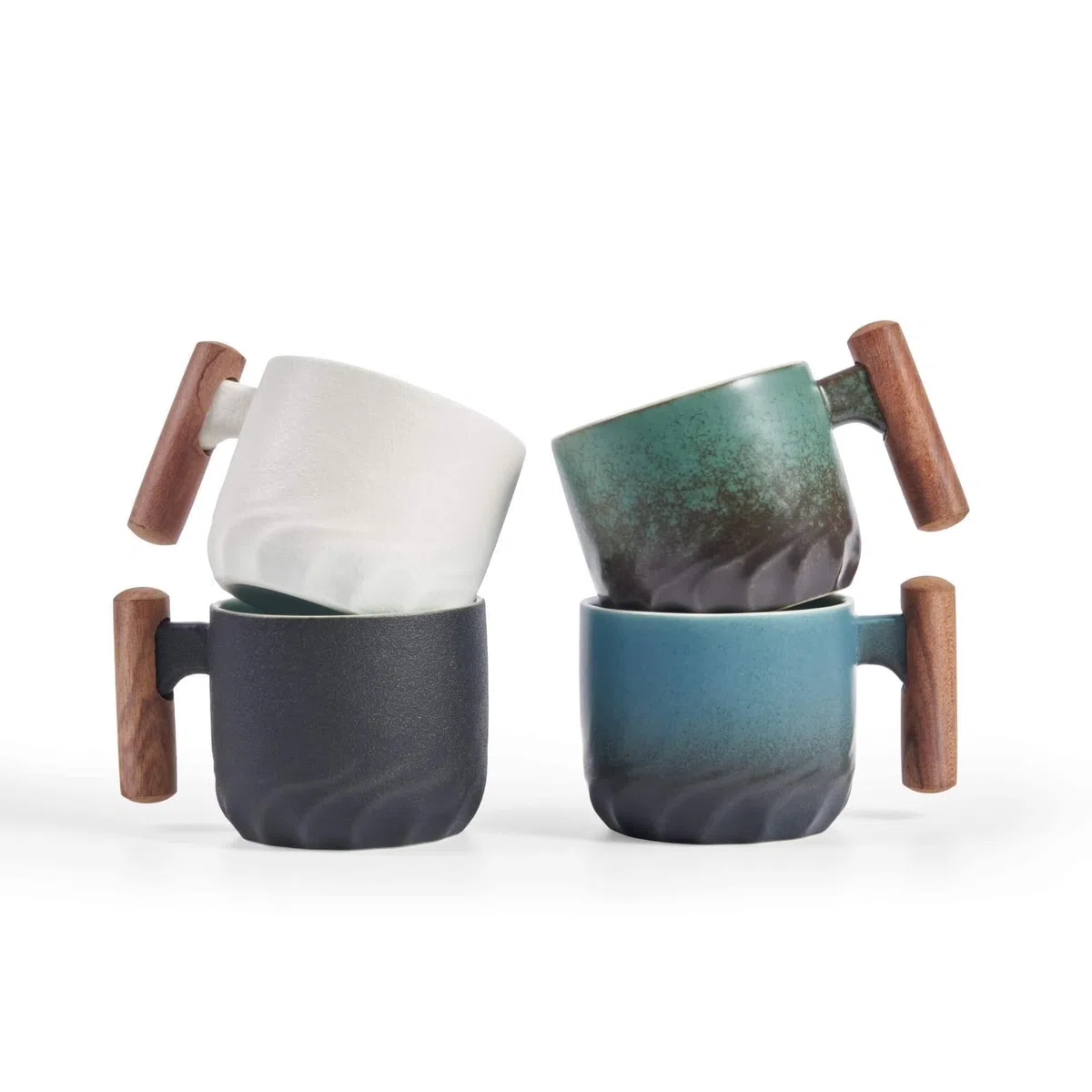 Tazze in ceramica per espresso con manico in legno Tazze per espresso shot Tazze da tè in ceramica Tazze da caffè Demitasse in porcellana per caffè o tè, 60ml (blu, 2)