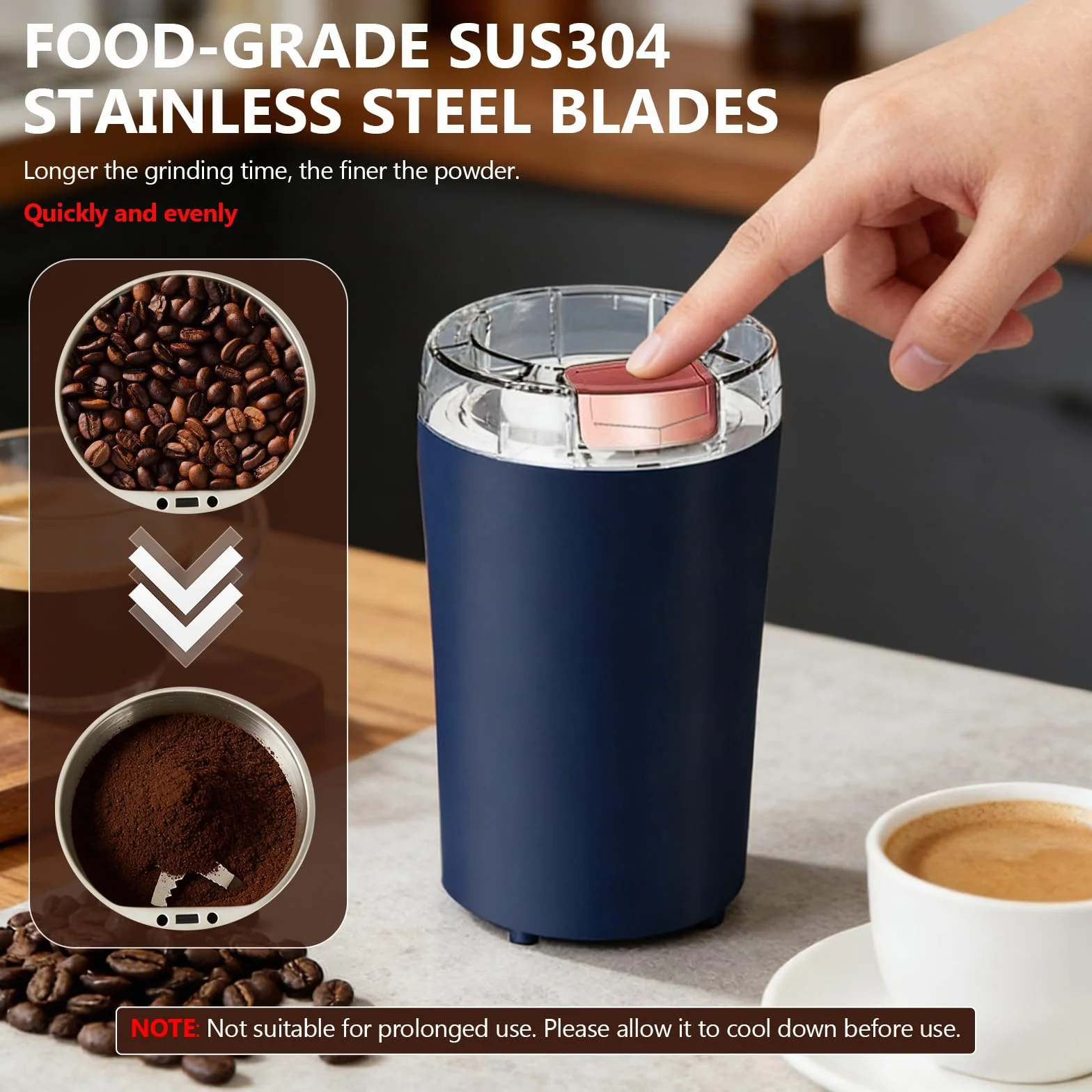 Macina Caffè Elettrico, Macinacaffè Elettrico per Spezie con Lame Acciaio Inossidabile 200W Macinino Elettrico Compatto Un Tocco per Chicchi di Caffè, Macina, Erbe, Cereali, Noci