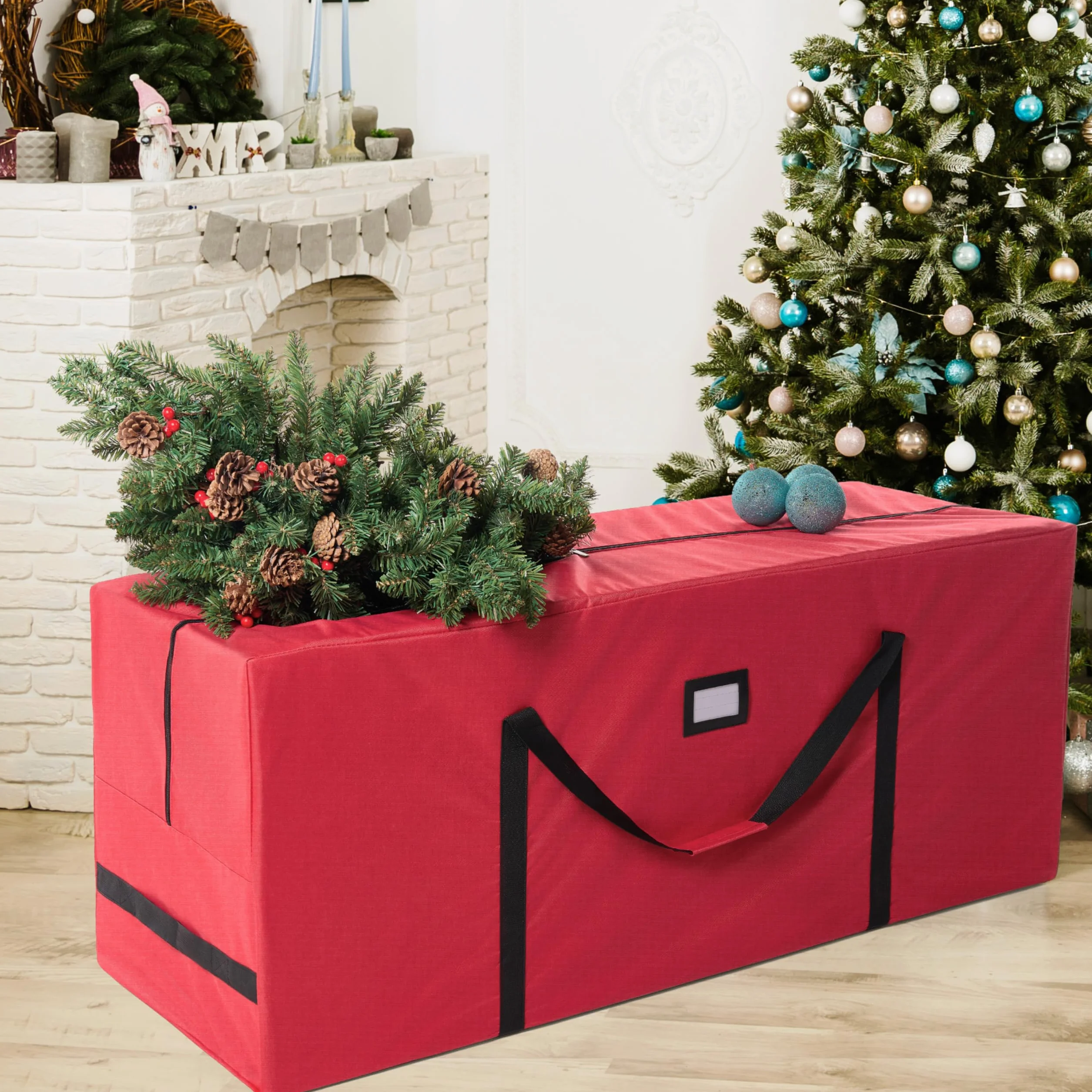 JOIEDOMI 7.5ft/228.6cm Albero di Natale Borsa per albero di Natale Artificiale Smontato, Durevole 600D Oxford Tessuto Albero di Natale Borsa, Borsa di Stoccaggio Impermeabile (Rosso)