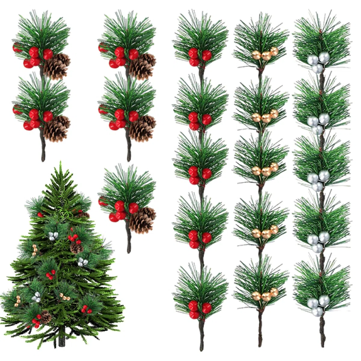 20 Pezzi Rami di Pino Artificiali con Bacche Rosse e Pigne,Piccoli Rami Natalizi Decorativi,per Ghirlande Natalizie fai da te,Matrimoni Invernali(4 Stili)