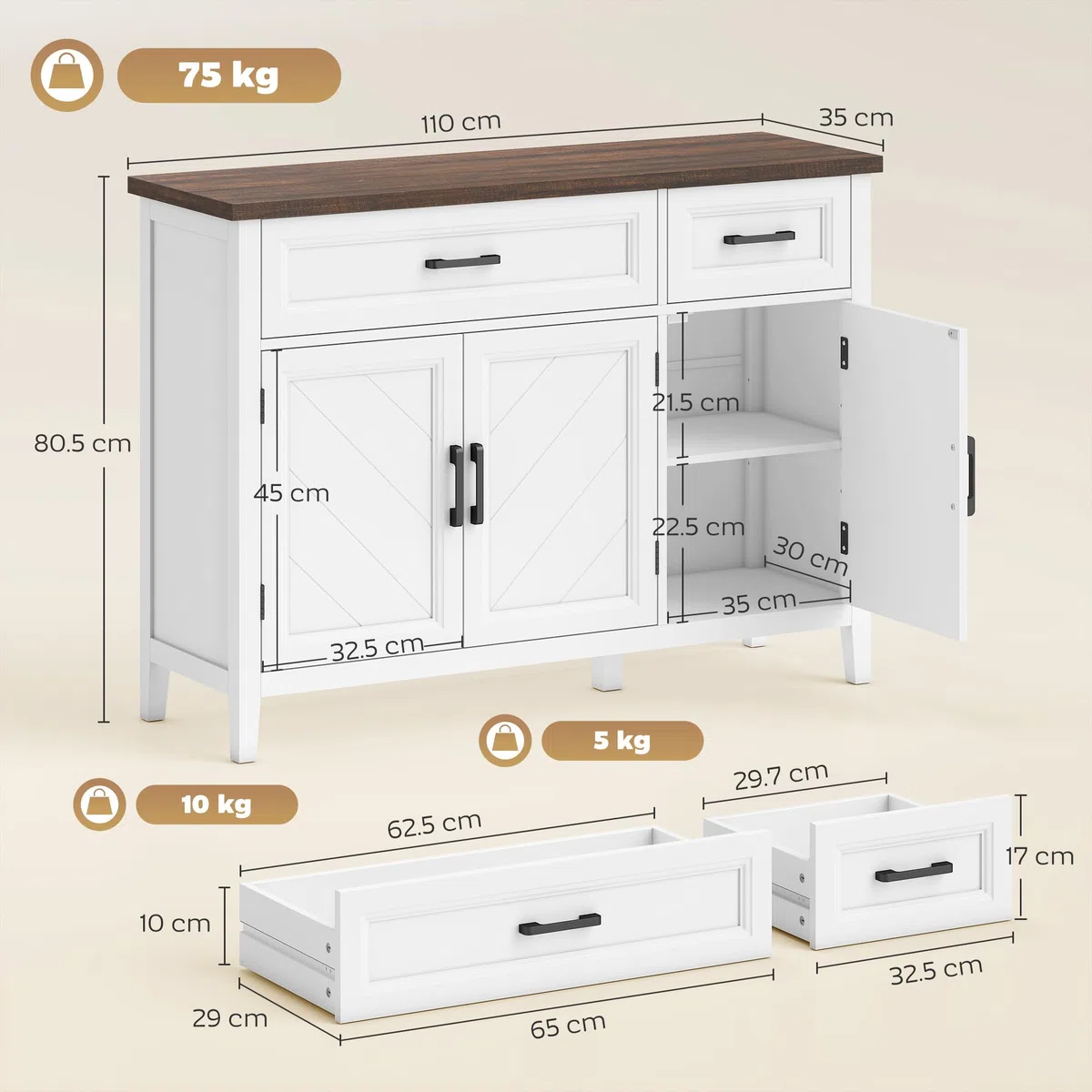 HOMCOM Credenza Cucina, Mobile Cucina con 3 Ante a Fienili, Ripiani Regolabili e 2 Cassetti, Piano Effetto Legno, Stile Rustico, Mobile Buffet per Soggiorno, Sala da Pranzo, 110x35x80.5 cm, Bianco