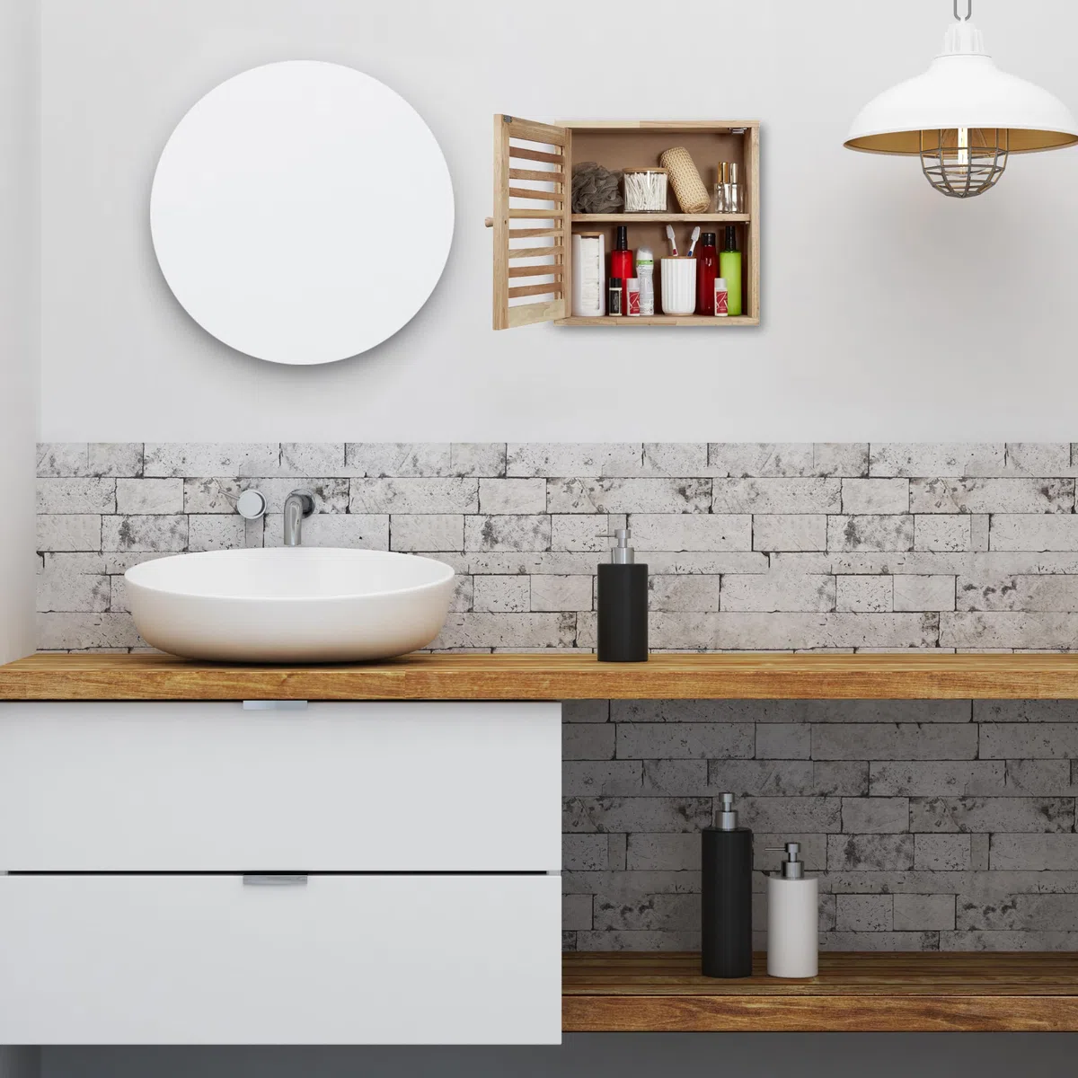 Relaxdays Mobiletto da Bagno Pensile, in Legno di Noce, HxLxP: 42 x 42 x 18 cm, Armadietto a Muro, 2 Scomparti, Naturale