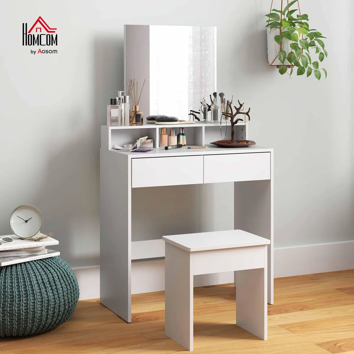 HOMCOM Postazione Trucco con Sgabello, Tavolo da Trucco con Specchio, 3 Ripiani, 2 Cassetti, Toeletta Trucco Moderno in Legno per Camera da Letto, 75x38x135 cm, Bianco