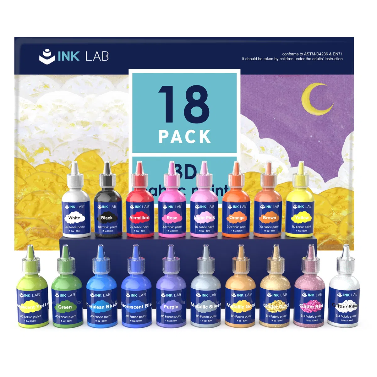 INK LAB 3D Colori per Tessuti 18 Colori Permanenti Colori per Stoffa con Spazzola Non Tossico per Abbigliamento T-shirt Tela Vetro Legno Bambini Adulti,30ml/Bottiglia