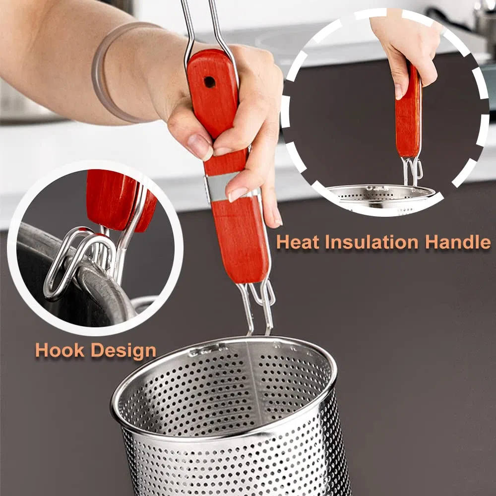TENTA KITCHEN Micro-Perforated Stainless Steel Pasta Basket Mesh Spider Food Dumpling Noodle Strainer, Skimmer Kitchen Fine Sieve with Wooden Handle (4.72 inch)